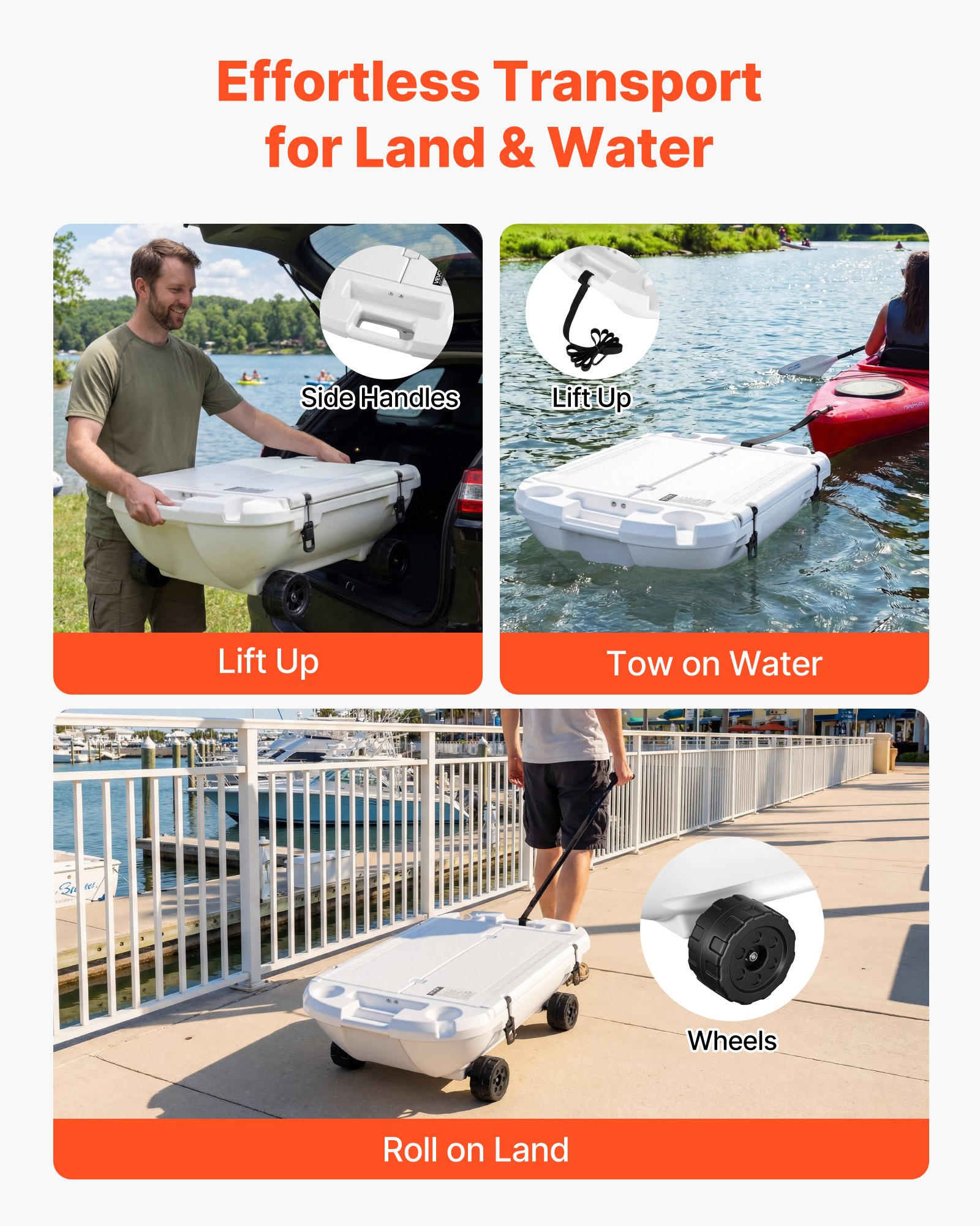 VEVOR Floating Cooler, 40 QT Floating Ice Chest with Dry Storage, Wheels & Tow Rope, Premium LLDPE Amphibious Drink Cooler for Water & Land, Cruise Stable on Lake, River, Pool, Beach, Kayak, White