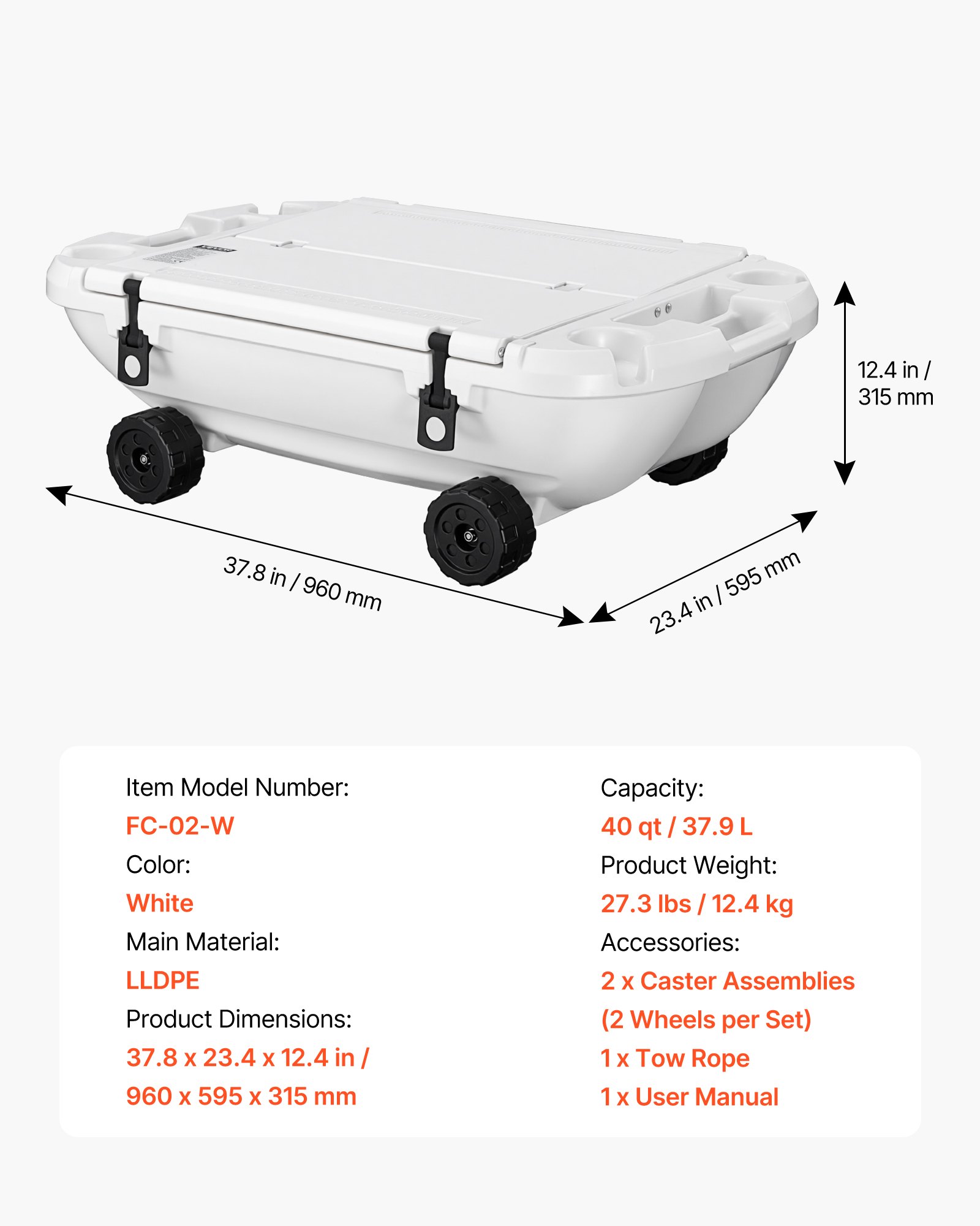 VEVOR Floating Cooler, 40 QT Floating Ice Chest with Dry Storage, Wheels & Tow Rope, Premium LLDPE Amphibious Drink Cooler for Water & Land, Cruise Stable on Lake, River, Pool, Beach, Kayak, White