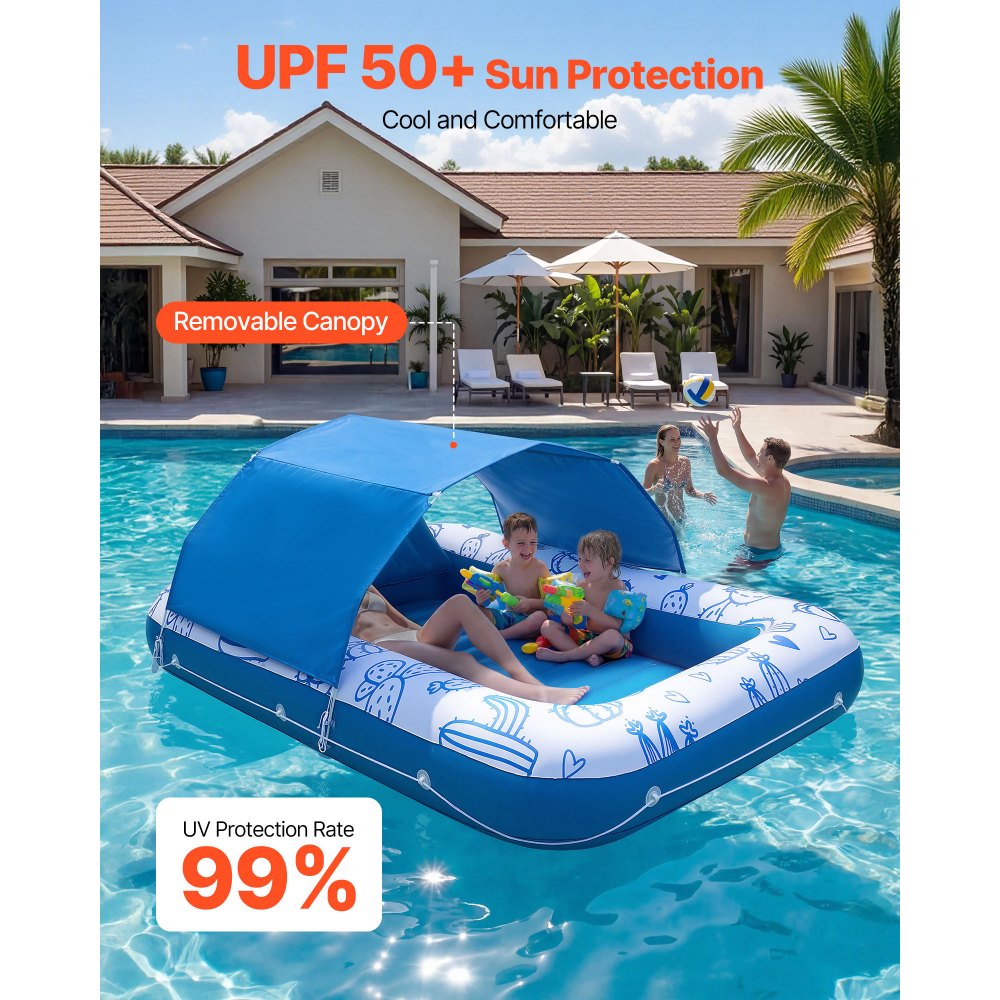 VEVOR Opblaasbaar Zwemmatras 208 x 140 cm, Zwembadluchtmatras met afneembaar UPF 50+ zonnescherm, draagvermogen 250 kg, drijvend eiland voor 2 personen, incl. kussen, telefoon- en bekerhouder voor zwembad en zee
