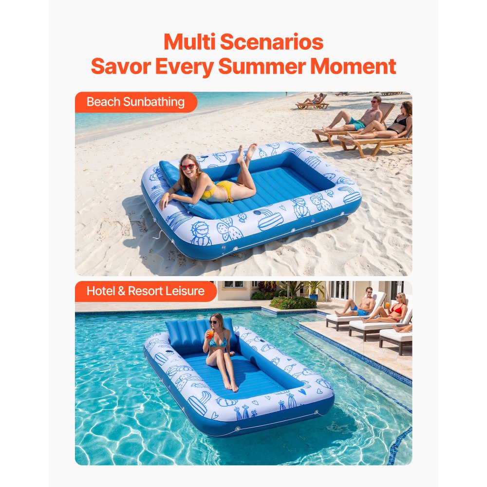 VEVOR Opblaasbaar Zwemmatras 208 x 140 cm, Zwembadluchtmatras met afneembaar UPF 50+ zonnescherm, draagvermogen 250 kg, drijvend eiland voor 2 personen, incl. kussen, telefoon- en bekerhouder voor zwembad en zee