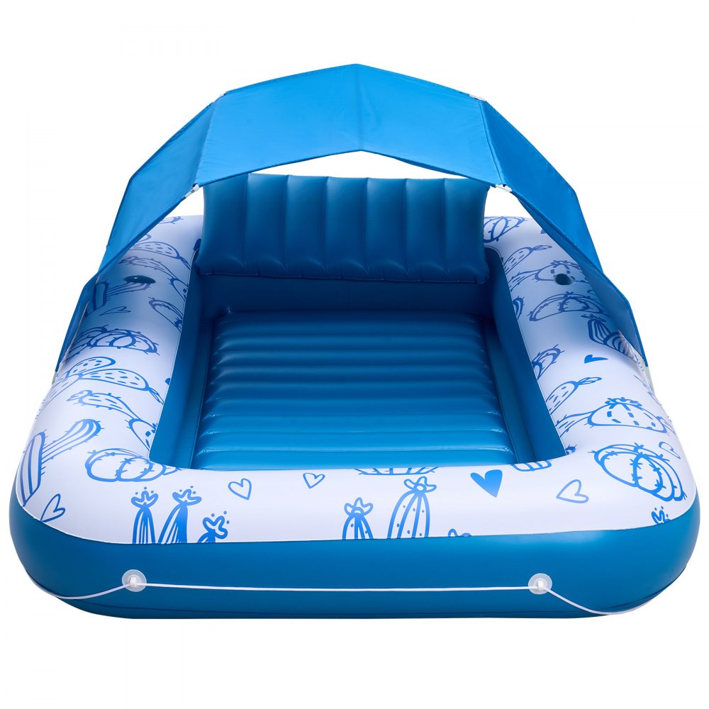 VEVOR Opblaasbaar Zwemmatras 208 x 140 cm, Zwembadluchtmatras met afneembaar UPF 50+ zonnescherm, draagvermogen 250 kg, drijvend eiland voor 2 personen, incl. kussen, telefoon- en bekerhouder voor zwembad en zee