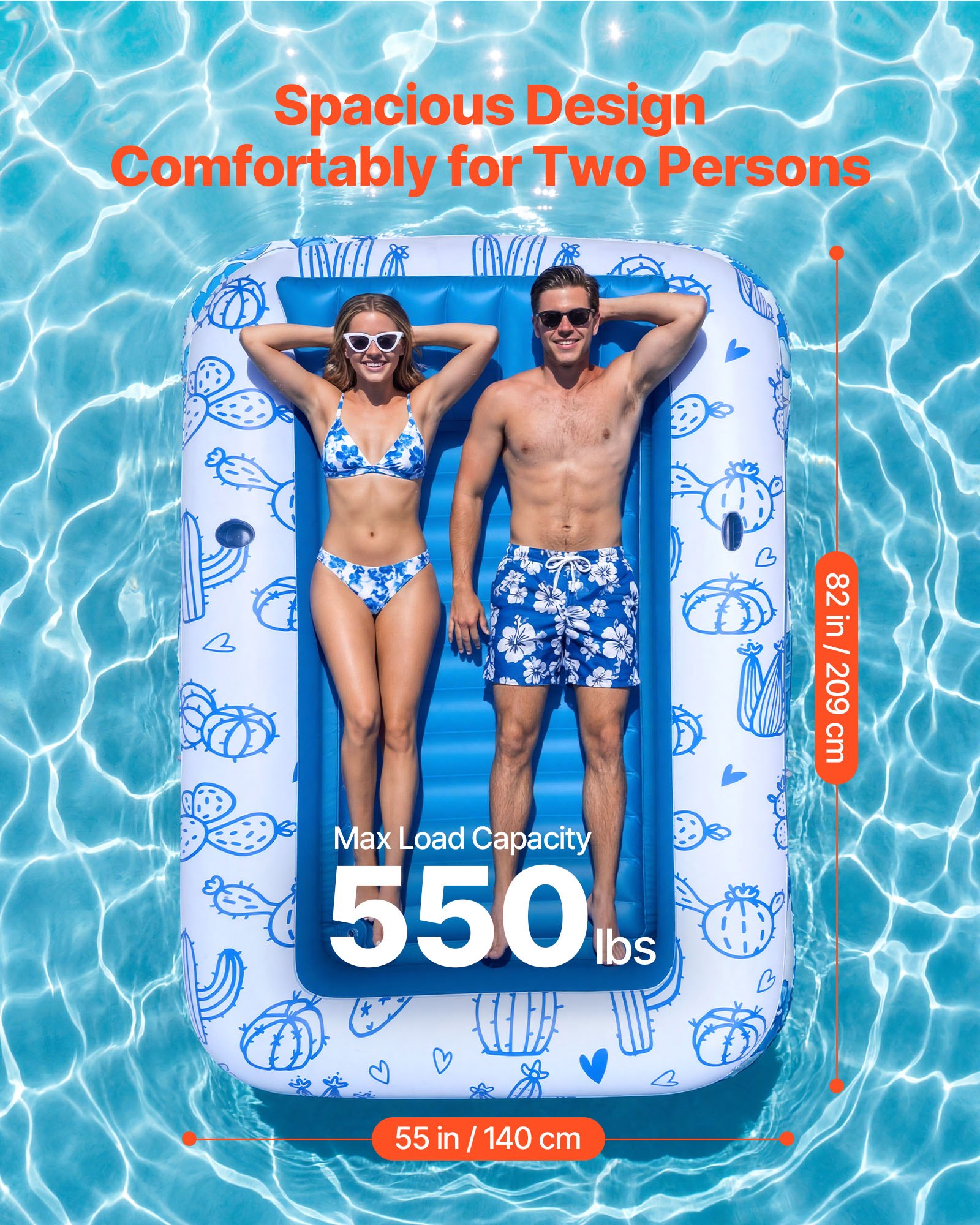 VEVOR Opblaasbaar Zwemmatras 208 x 140 cm, Zwembadluchtmatras met afneembaar UPF 50+ zonnescherm, draagvermogen 250 kg, drijvend eiland voor 2 personen, incl. kussen, telefoon- en bekerhouder voor zwembad en zee