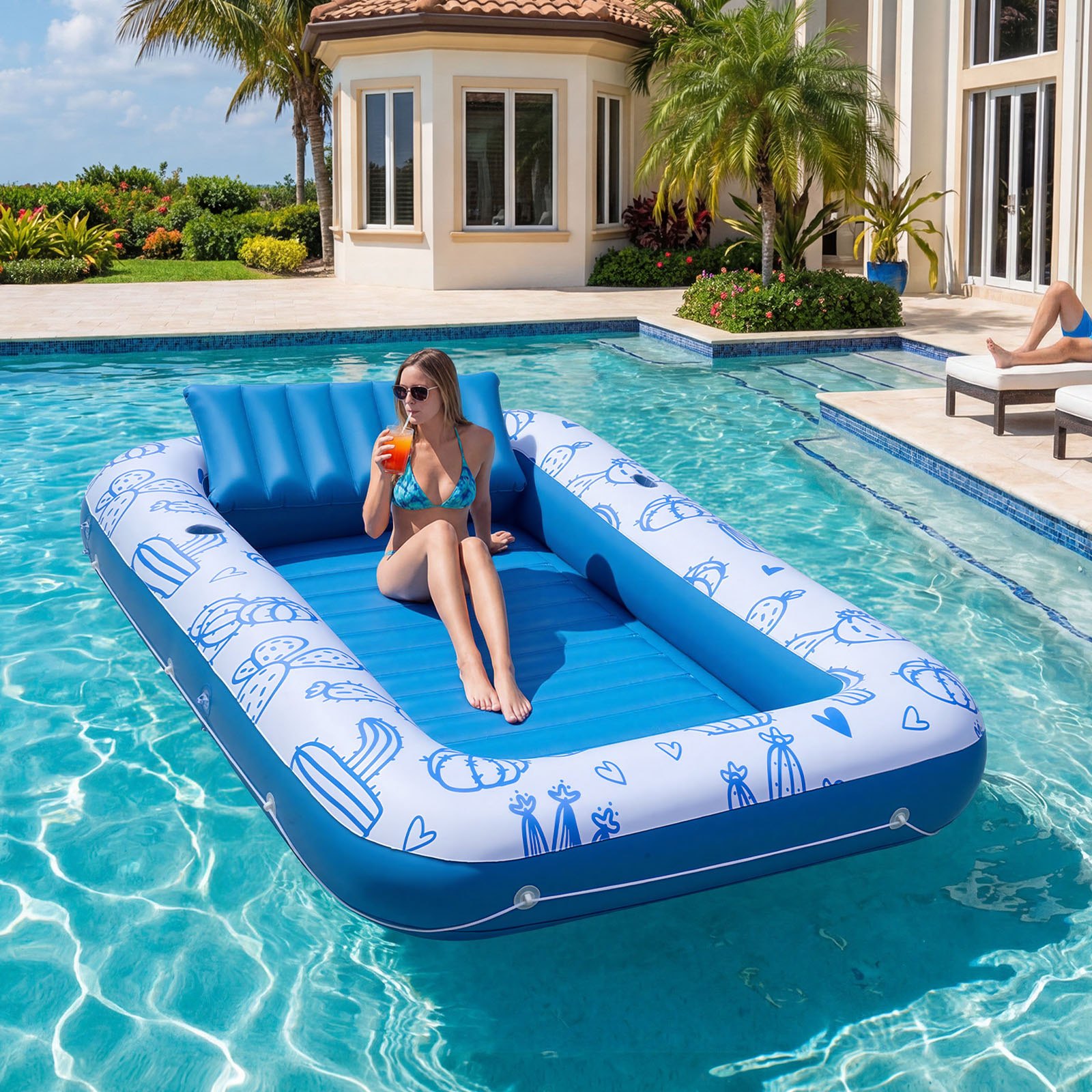 VEVOR Opblaasbaar Zwemmatras 208 x 140 cm, Zwembadluchtmatras met afneembaar UPF 50+ zonnescherm, draagvermogen 250 kg, drijvend eiland voor 2 personen, incl. kussen, telefoon- en bekerhouder voor zwembad en zee