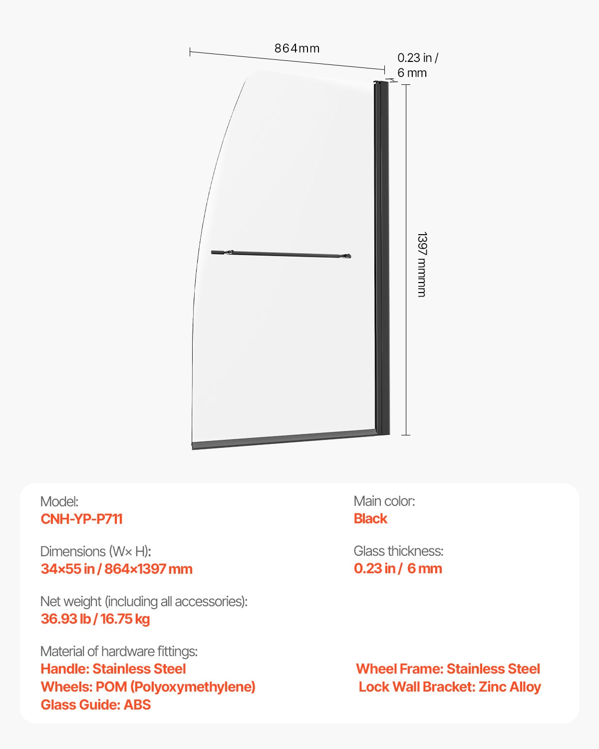 VEVOR Frameless Bathtub Shower Door, 34 in. W x 55 in. H, Half Shower Door for Bathtub, Tempered Glass Door, Half Shower Door with 1/4 in Tempered Glass Bathroom Shower Screen, Black