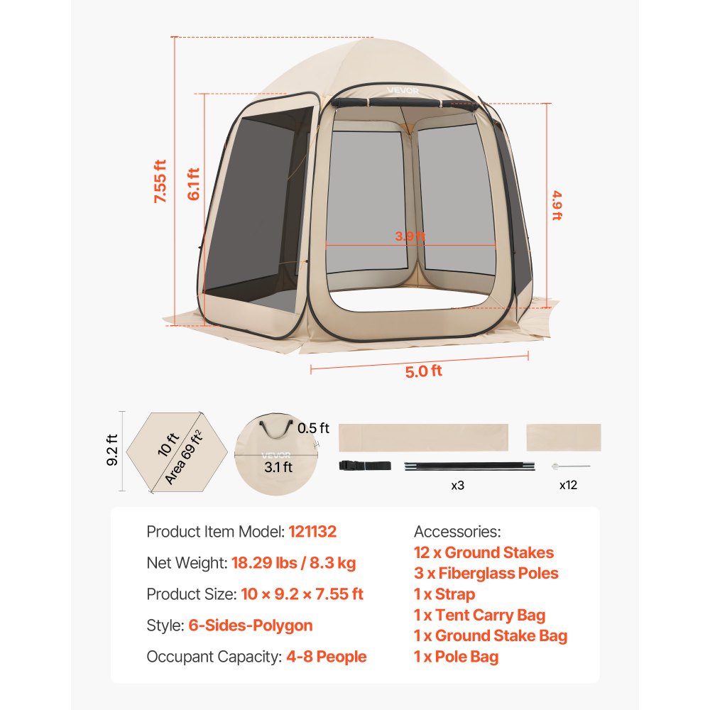 VEVOR pop-up tent, 304,8 x 280,4 cm, kampeertent voor 4-8 personen, partytent inclusief draagtas, gaaswanden en haringen, voor tuin, terras en buitenactiviteiten, beige