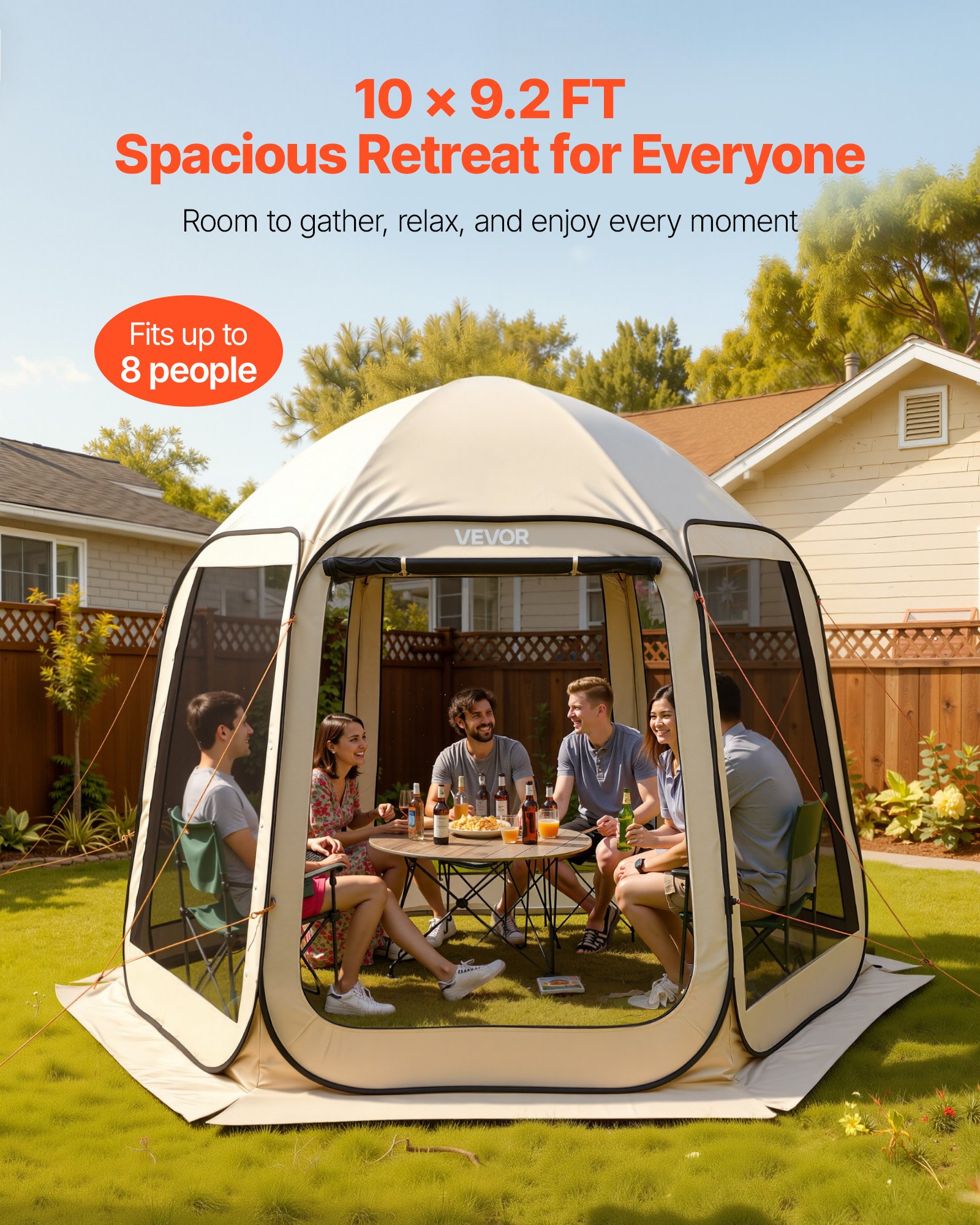 VEVOR pop-up tent, 304,8 x 280,4 cm, kampeertent voor 4-8 personen, partytent inclusief draagtas, gaaswanden en haringen, voor tuin, terras en buitenactiviteiten, beige