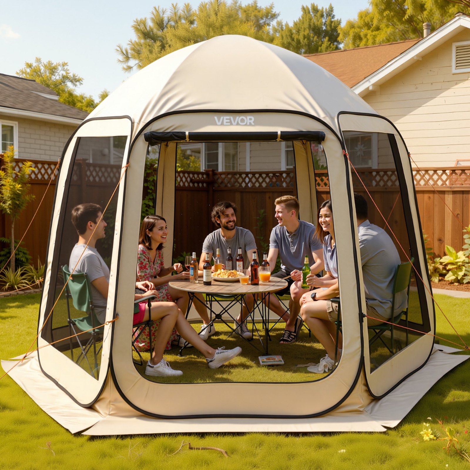 VEVOR pop-up tent, 304,8 x 280,4 cm, kampeertent voor 4-8 personen, partytent inclusief draagtas, gaaswanden en haringen, voor tuin, terras en buitenactiviteiten, beige