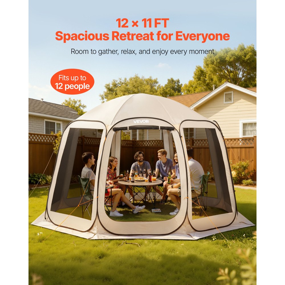 VEVOR Pop-up Tent, 365,76 x 335,28 cm, Draagbare kampeertent voor 10-12 personen, met net, draagtas, zijwanden en haringen, voor tuin, terras en buitenactiviteiten, beige