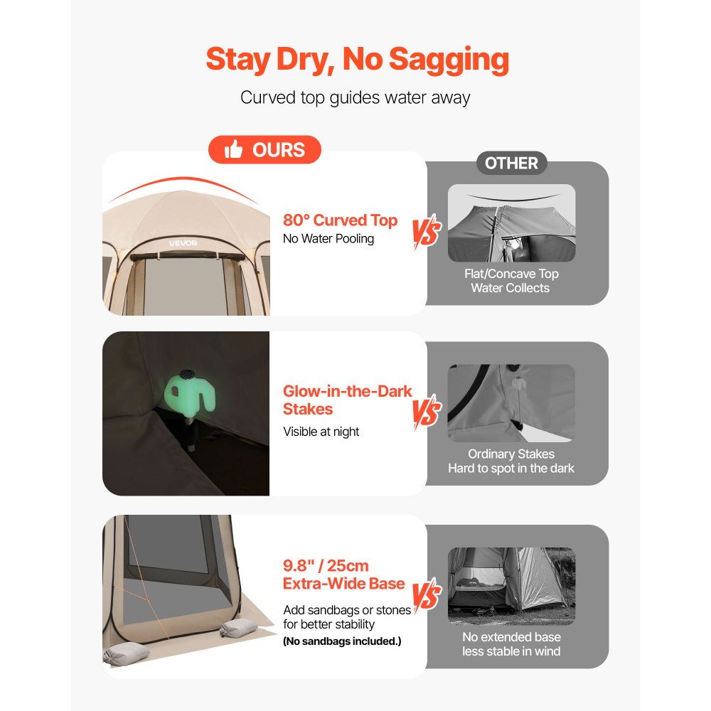 VEVOR Pop-up Tent, 365,76 x 335,28 cm, Draagbare kampeertent voor 10-12 personen, met net, draagtas, zijwanden en haringen, voor tuin, terras en buitenactiviteiten, beige