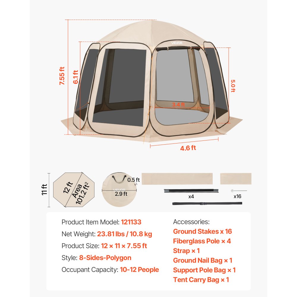 VEVOR Pop-up Tent, 365,76 x 335,28 cm, Draagbare kampeertent voor 10-12 personen, met net, draagtas, zijwanden en haringen, voor tuin, terras en buitenactiviteiten, beige