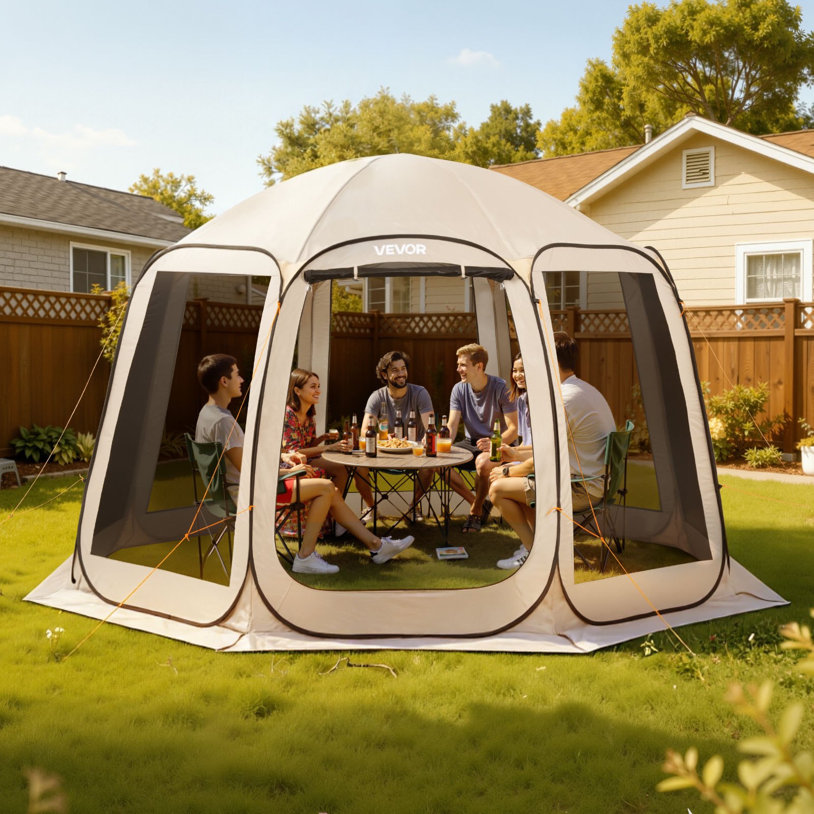 VEVOR Pop-up Tent, 365,76 x 335,28 cm, Draagbare kampeertent voor 10-12 personen, met net, draagtas, zijwanden en haringen, voor tuin, terras en buitenactiviteiten, beige
