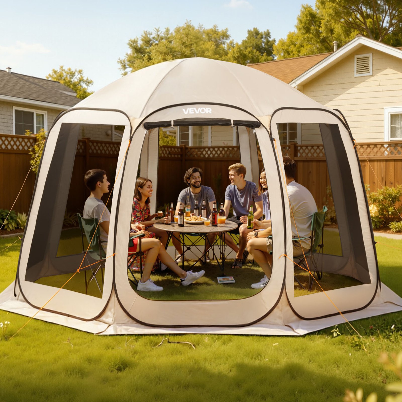 VEVOR Pop-up Tent, 365,76 x 335,28 cm, Draagbare kampeertent voor 10-12 personen, met net, draagtas, zijwanden en haringen, voor tuin, terras en buitenactiviteiten, beige