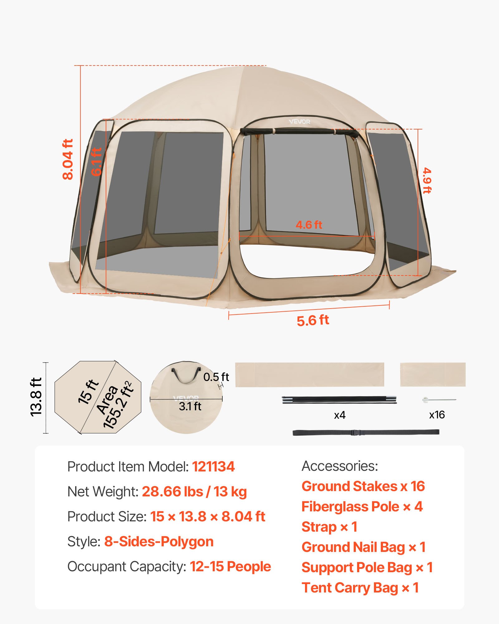 VEVOR Screen House Tent, 4500 x 4250 x 2450 mm, 12-15 Person Pop Up Screen Tent, Portable Screened in Canopy with Carry Bag, Netting Sides, Ground Stakes, for Garden, Patio, Outdoor Activities, Beige