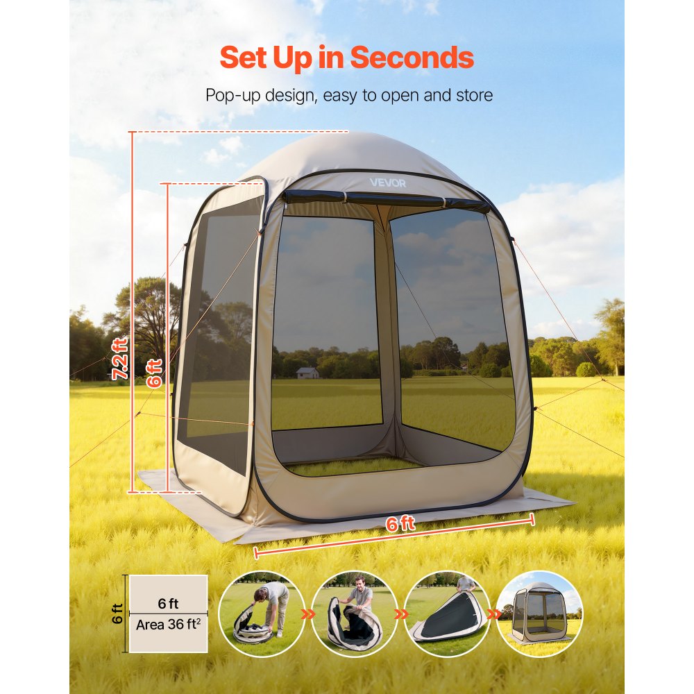 VEVOR Campingtent, 182,88 x 182,88 x 219,4 cm, feesttent voor 4-6 personen, pop-up tent met draagtas, gaaswanden en haringen, voor tuin, terras en buitenactiviteiten, beige