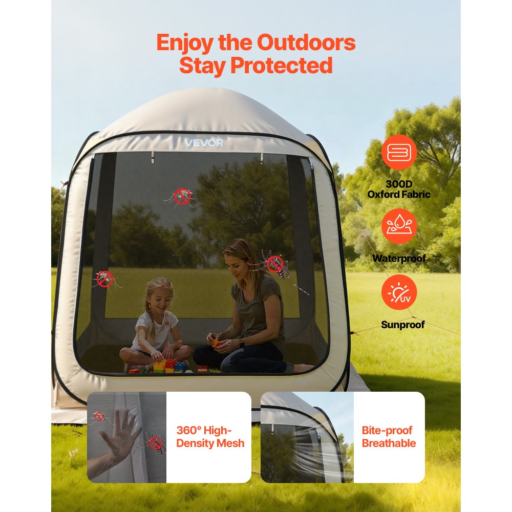 VEVOR Campingtent, 182,88 x 182,88 x 219,4 cm, feesttent voor 4-6 personen, pop-up tent met draagtas, gaaswanden en haringen, voor tuin, terras en buitenactiviteiten, beige