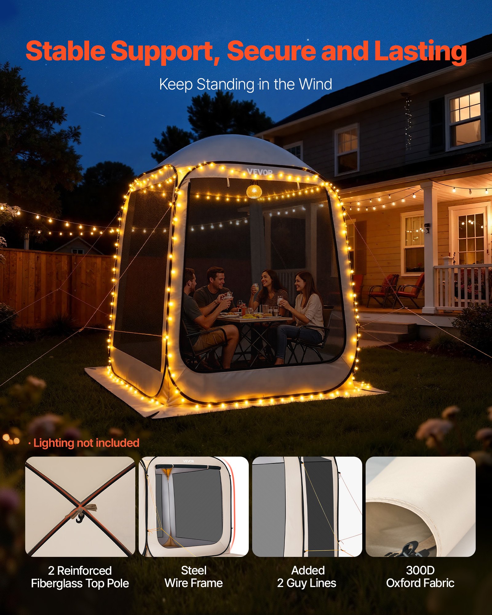 VEVOR Campingtent, 182,88 x 182,88 x 219,4 cm, feesttent voor 4-6 personen, pop-up tent met draagtas, gaaswanden en haringen, voor tuin, terras en buitenactiviteiten, beige