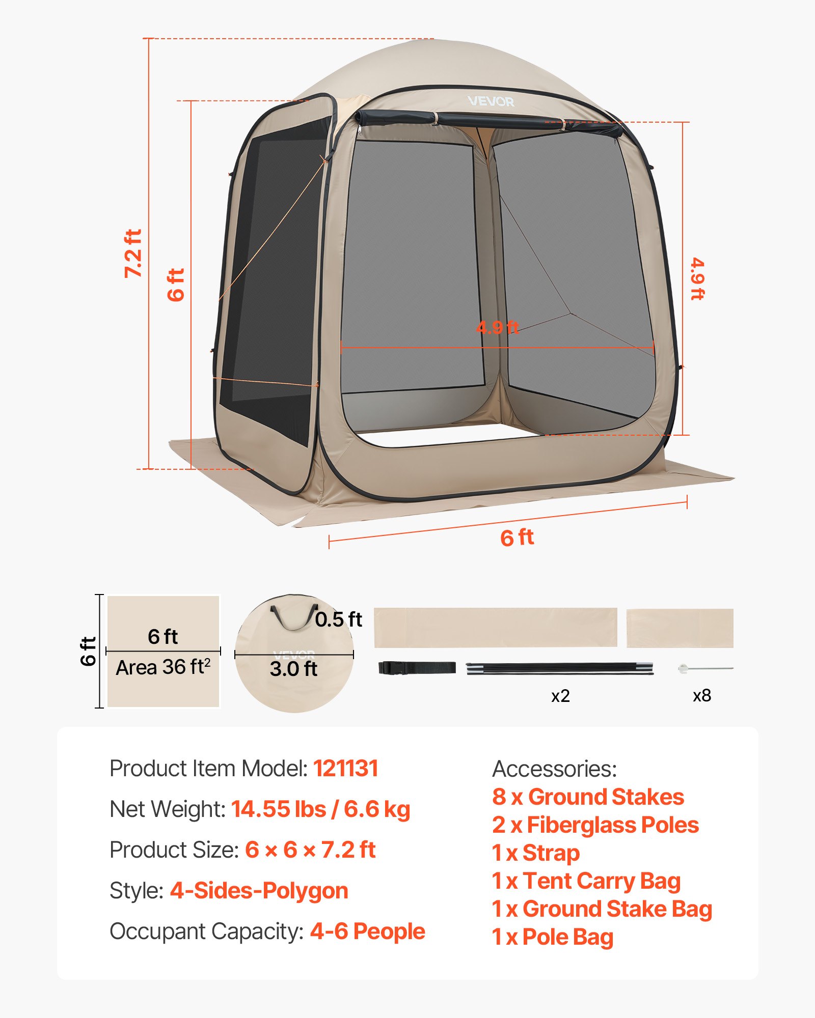 VEVOR Campingtent, 182,88 x 182,88 x 219,4 cm, feesttent voor 4-6 personen, pop-up tent met draagtas, gaaswanden en haringen, voor tuin, terras en buitenactiviteiten, beige