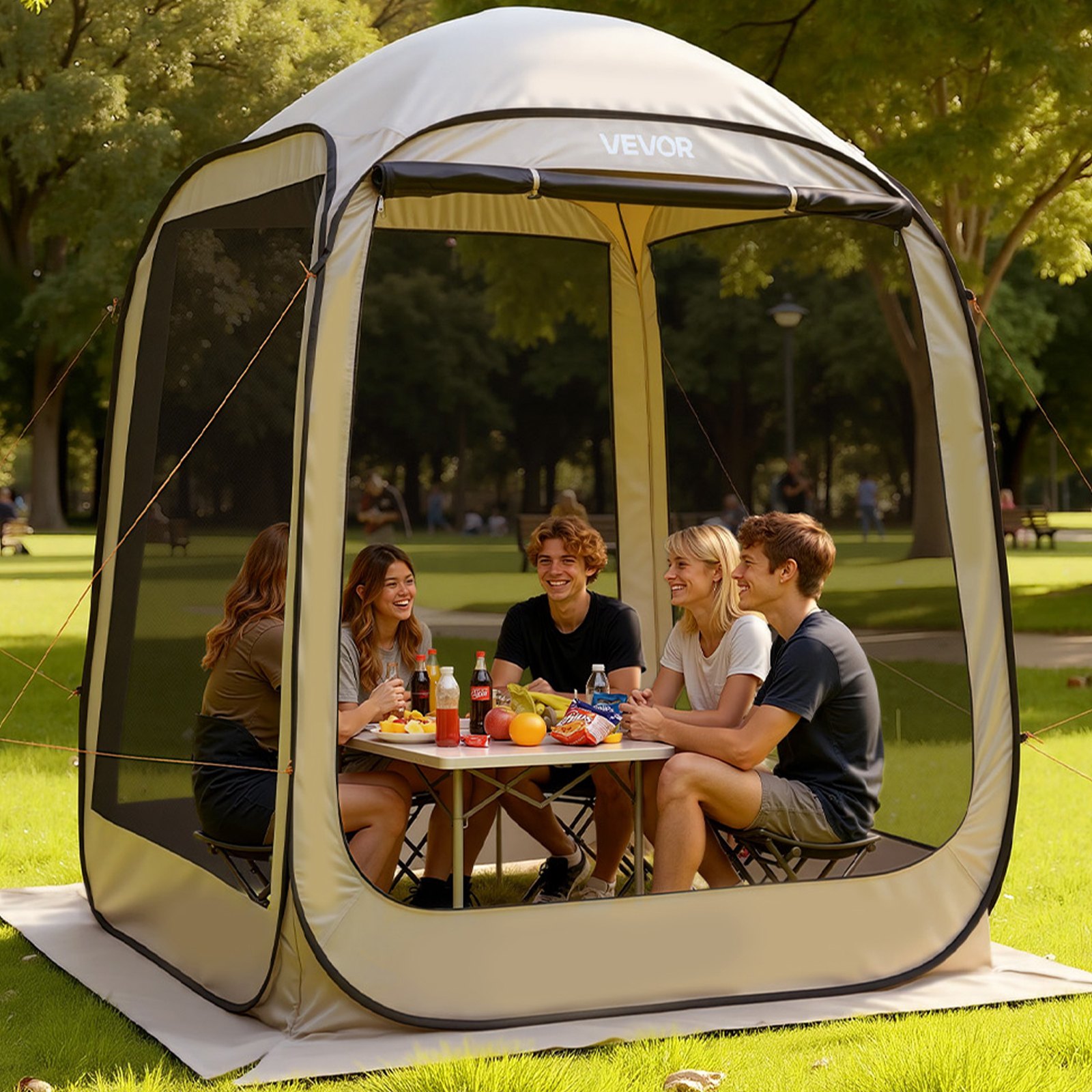 VEVOR Campingtent, 182,88 x 182,88 x 219,4 cm, feesttent voor 4-6 personen, pop-up tent met draagtas, gaaswanden en haringen, voor tuin, terras en buitenactiviteiten, beige