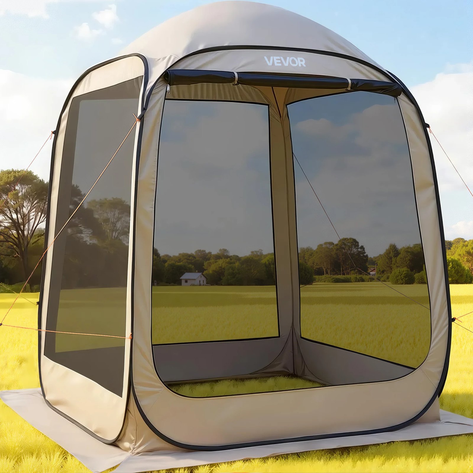 VEVOR Campingtent, 182,88 x 182,88 x 219,4 cm, feesttent voor 4-6 personen, pop-up tent met draagtas, gaaswanden en haringen, voor tuin, terras en buitenactiviteiten, beige