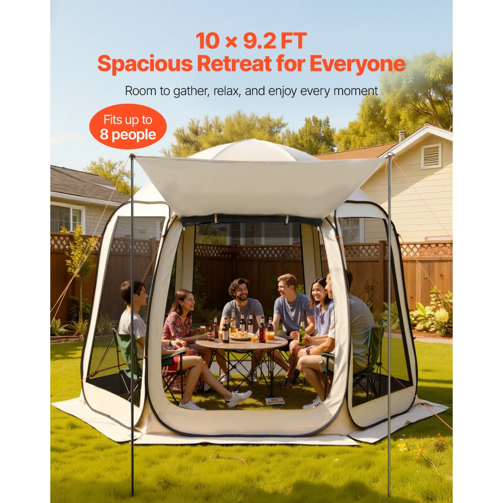 VEVOR Screen House Tent, 3030 x 2650 x 2300 mm, 4-8 Person Pop Up Screen Tent with Extended Awning, Portable Screened in Canopy with Carry Bag, Netting Sides, for Patio, and Outdoor Activities, Beige