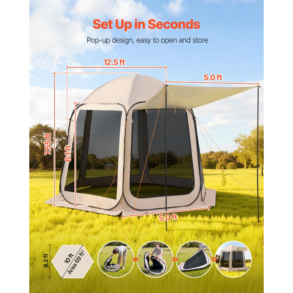 VEVOR Screen House Tent, 3030 x 2650 x 2300 mm, 4-8 Person Pop Up Screen Tent with Extended Awning, Portable Screened in Canopy with Carry Bag, Netting Sides, for Patio, and Outdoor Activities, Beige