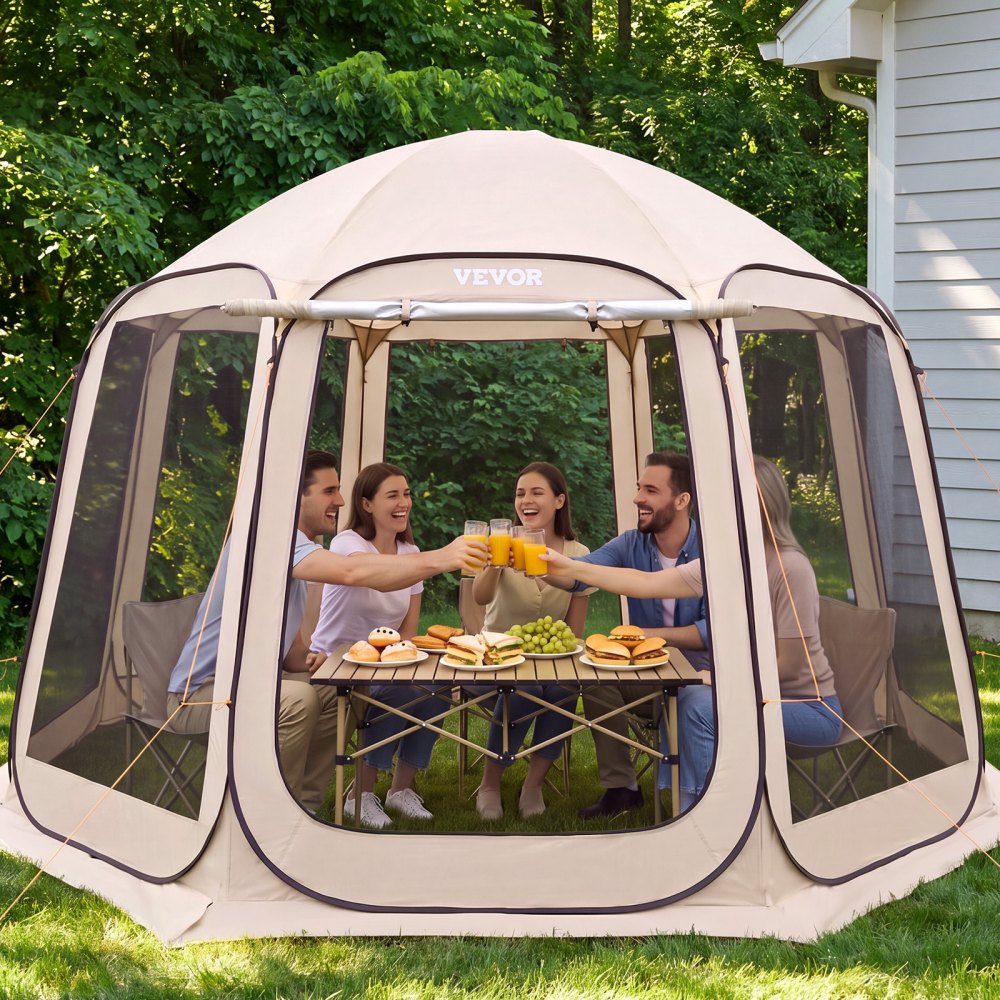 VEVOR Screen House Tent, 3660 x 3380 x 2300 mm, 10-12 Person Pop Up Screen Tent with Extended Awning, Portable Screened in Canopy with Carry Bag, Netting Sides, for Patio, Outdoor Activities, Beige
