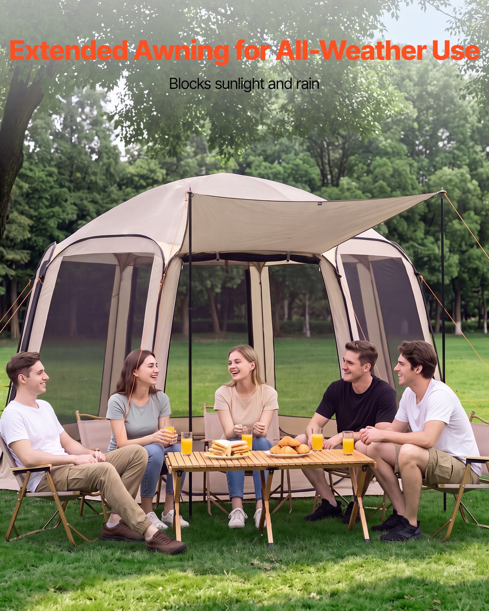 VEVOR Screen House Tent, 3660 x 3380 x 2300 mm, 10-12 Person Pop Up Screen Tent with Extended Awning, Portable Screened in Canopy with Carry Bag, Netting Sides, for Patio, Outdoor Activities, Beige