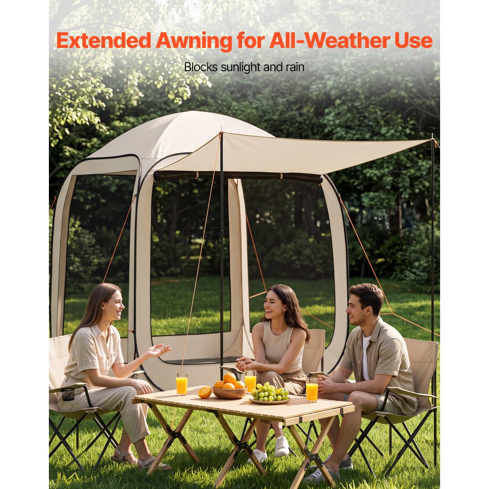 VEVOR Screen House Tent, 1825 x 1825 x 2200 mm, 4-6 Person Pop Up Screen Tent with Extended Awning, Portable Screened in Canopy with Carry Bag, Netting Sides, for Patio, and Outdoor Activities, Beige