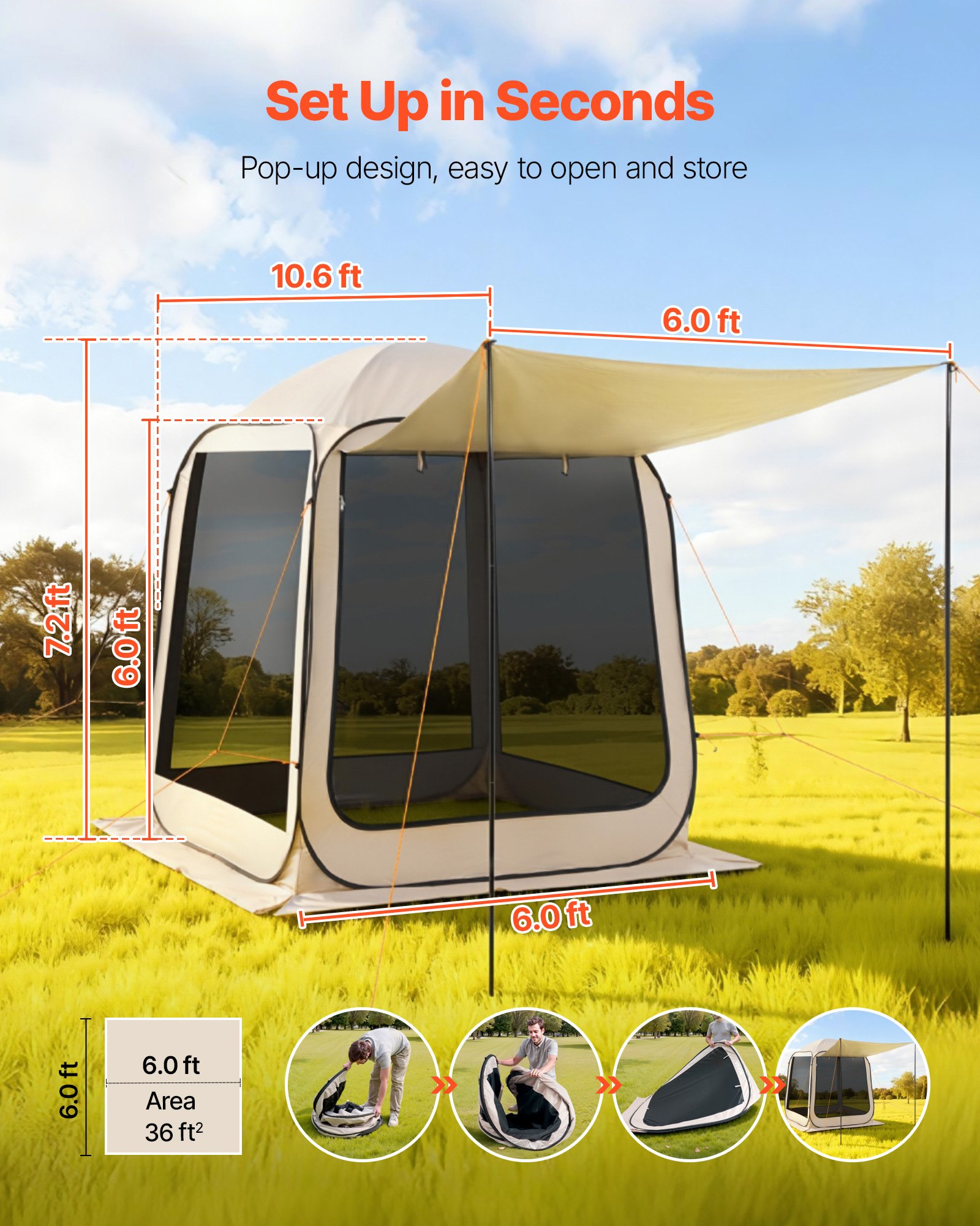 VEVOR Screen House Tent, 1825 x 1825 x 2200 mm, 4-6 Person Pop Up Screen Tent with Extended Awning, Portable Screened in Canopy with Carry Bag, Netting Sides, for Patio, and Outdoor Activities, Beige