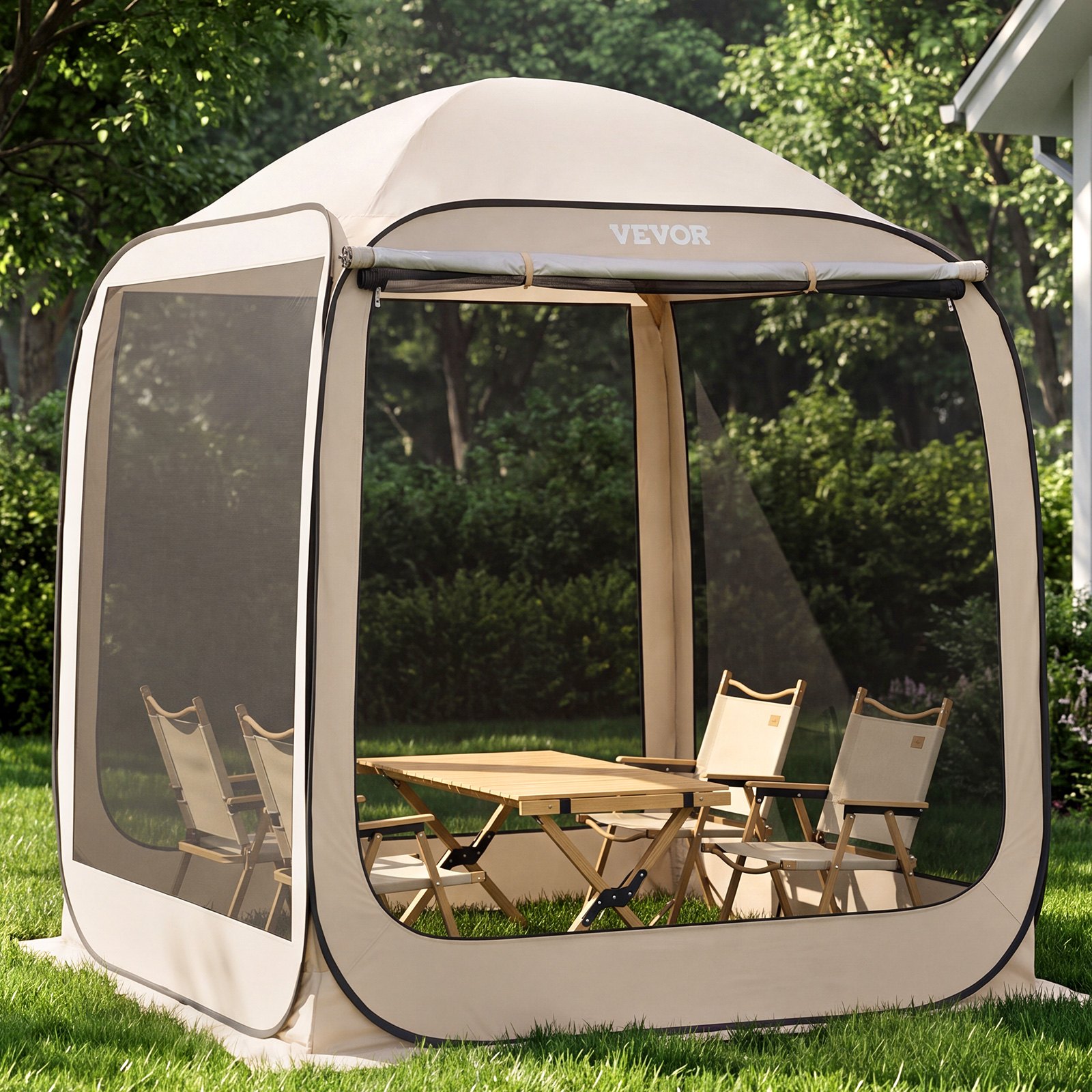 VEVOR Screen House Tent, 1825 x 1825 x 2200 mm, 4-6 Person Pop Up Screen Tent with Extended Awning, Portable Screened in Canopy with Carry Bag, Netting Sides, for Patio, and Outdoor Activities, Beige