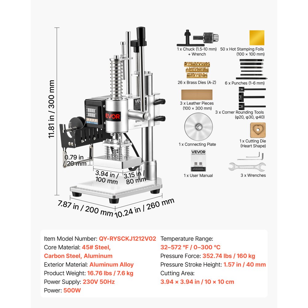 VEVOR Verwarmde Lederstempelmachine 10x10 cm Lederdrukmachine 160 kg Druk, voor Warmstempelen & Stansen 40 mm Slag Spantangbevestiging met Temperatuurregelaar 26 Koperen Letterstempels 50 Warmstempelfolies