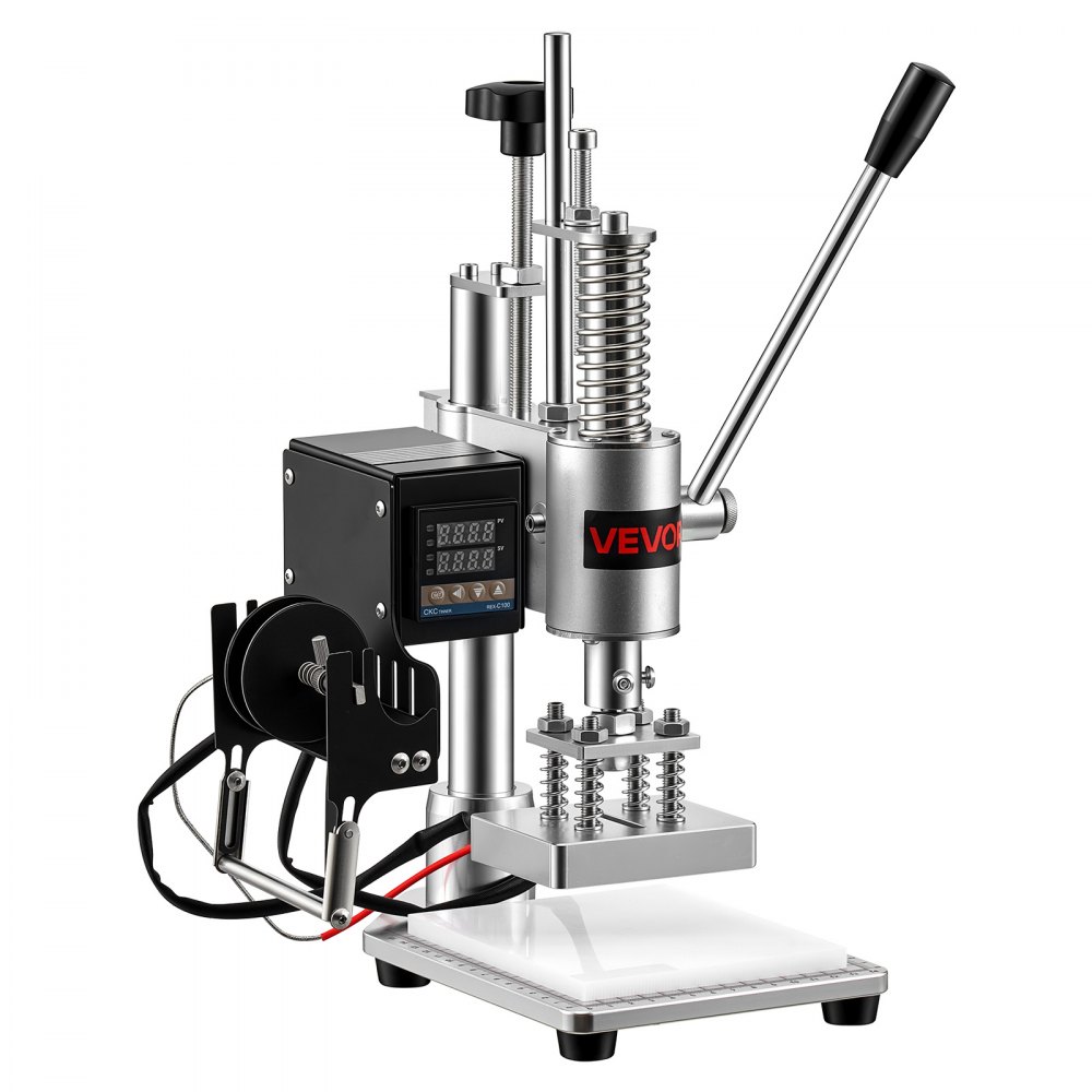 VEVOR Verwarmde Lederstempelmachine 10x10 cm Lederdrukmachine 160 kg Druk, voor Warmstempelen & Stansen 40 mm Slag Spantangbevestiging met Temperatuurregelaar 26 Koperen Letterstempels 50 Warmstempelfolies