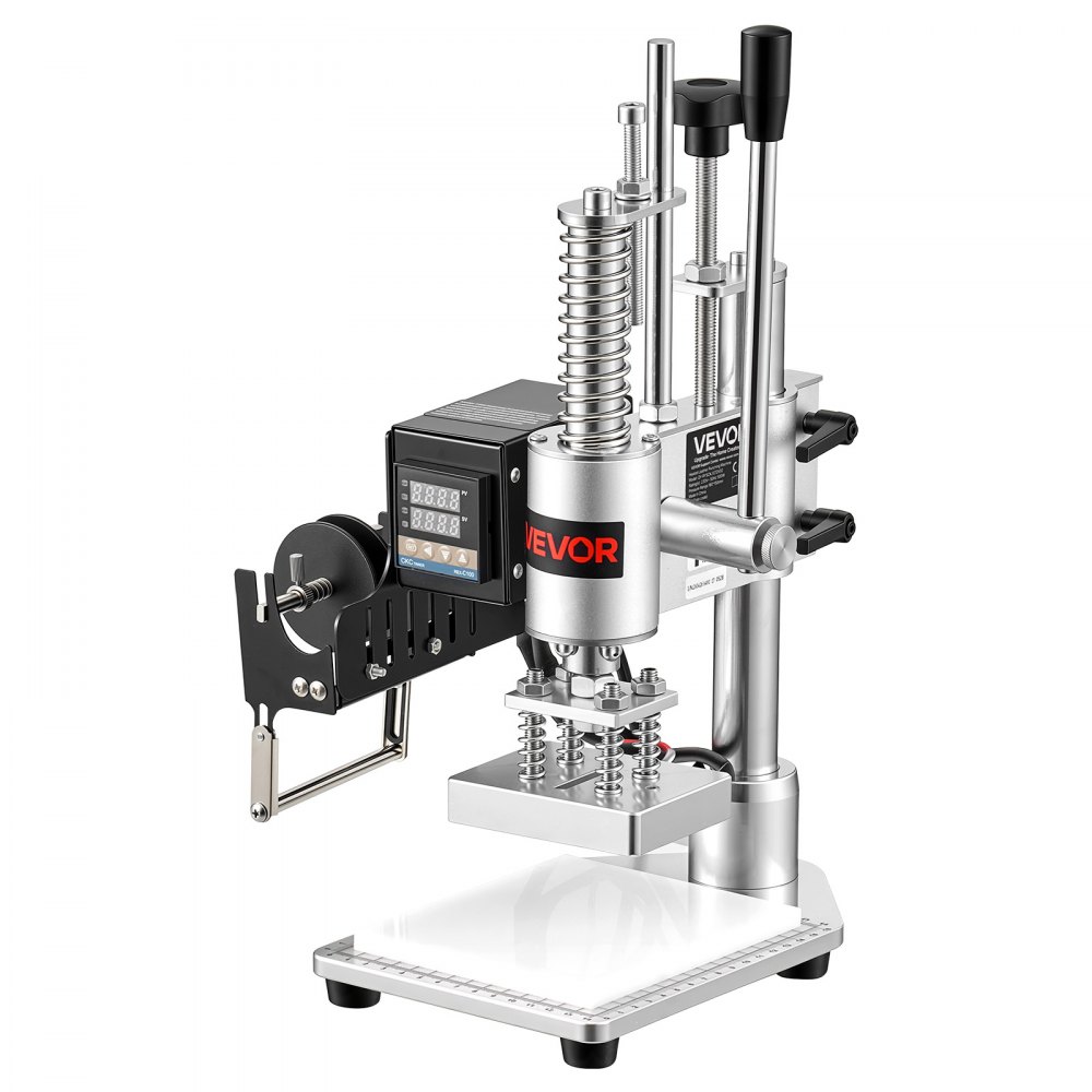 VEVOR Verwarmde Lederstempelmachine 10x10 cm Lederdrukmachine 160 kg Druk, voor Warmstempelen & Stansen 40 mm Slag Spantangbevestiging met Temperatuurregelaar 26 Koperen Letterstempels 50 Warmstempelfolies