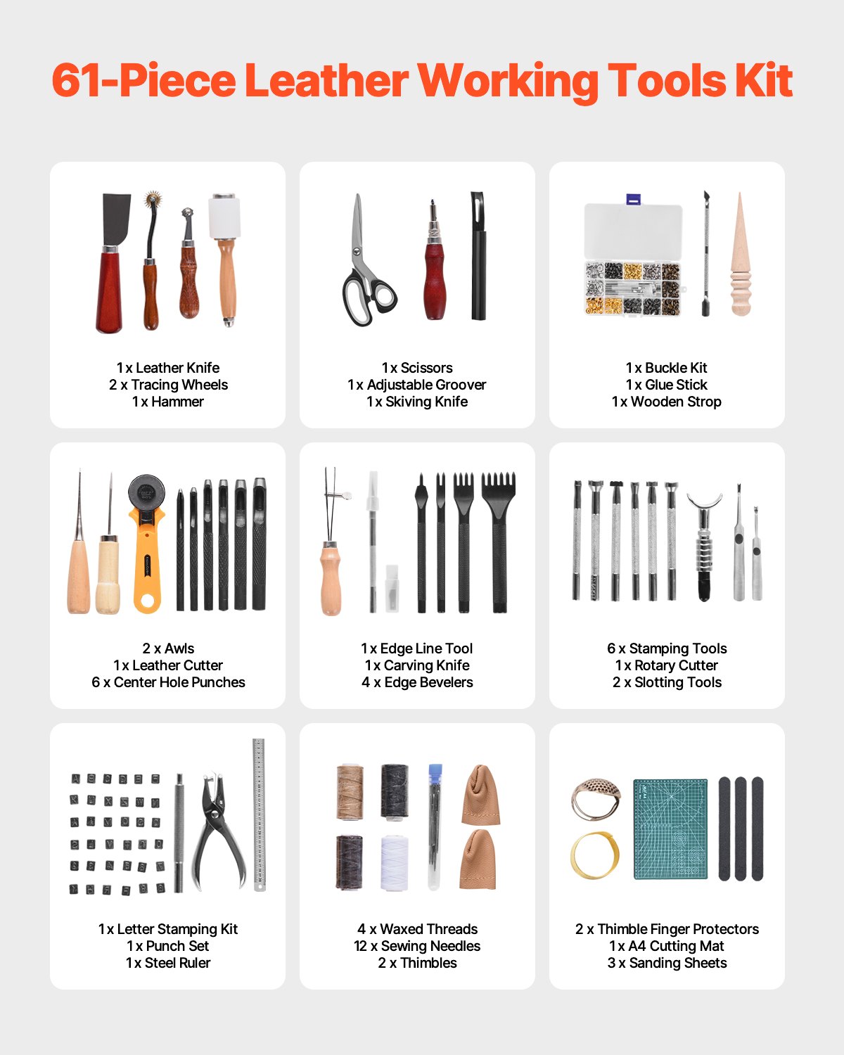 VEVOR 61-delige set met leerbewerkingsgereedschap, met draagbare opbergtas van canvas, grafisch gereedschap, stansgereedschap, naaigereedschap, snijgereedschap, ideaal voor beginners en professionals.