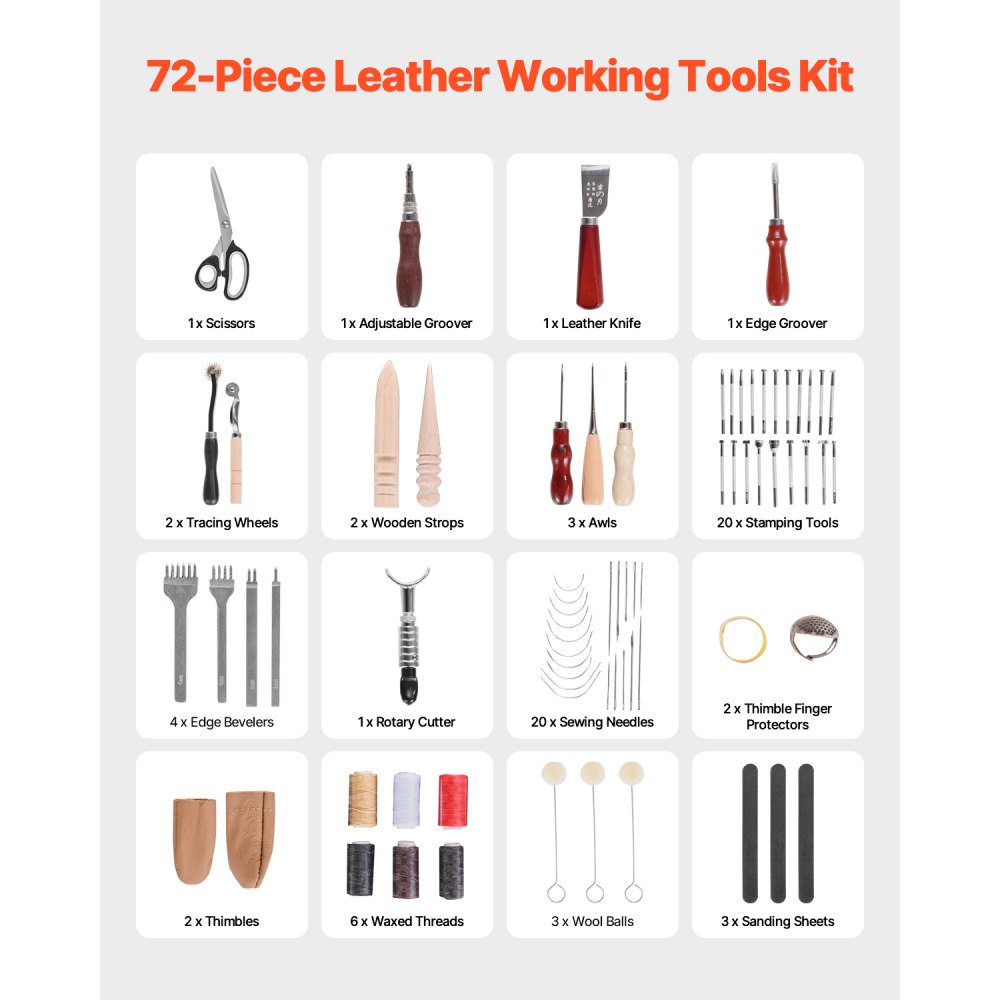 VEVOR Leather Working Tools Kit, 72 PCS Leather Craft Tools with Portable Leather Storage Bag, Engraving Punching Sewing Stamping Sanding Tools, Ideal for Beginners DIY Enthusiasts and Professionals