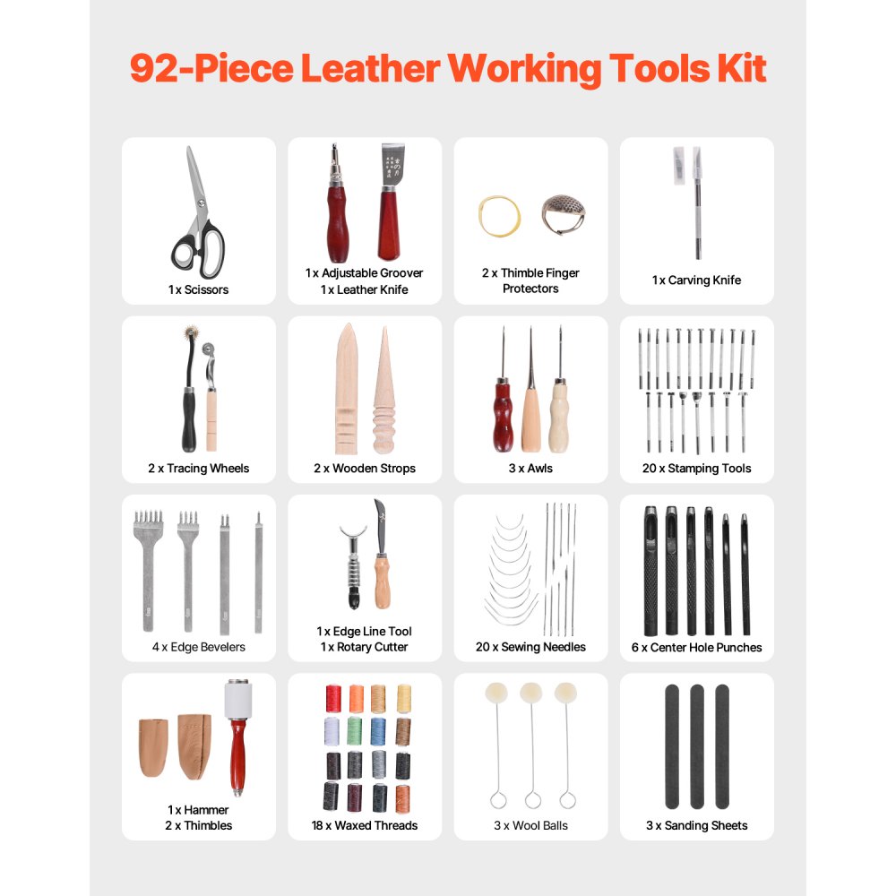 VEVOR 92-delige set leerbewerkingsgereedschap met draagbare opbergtas van canvas, grafisch gereedschap, stansgereedschap, naaigereedschap, snijgereedschap, ideaal voor beginners en professionals.