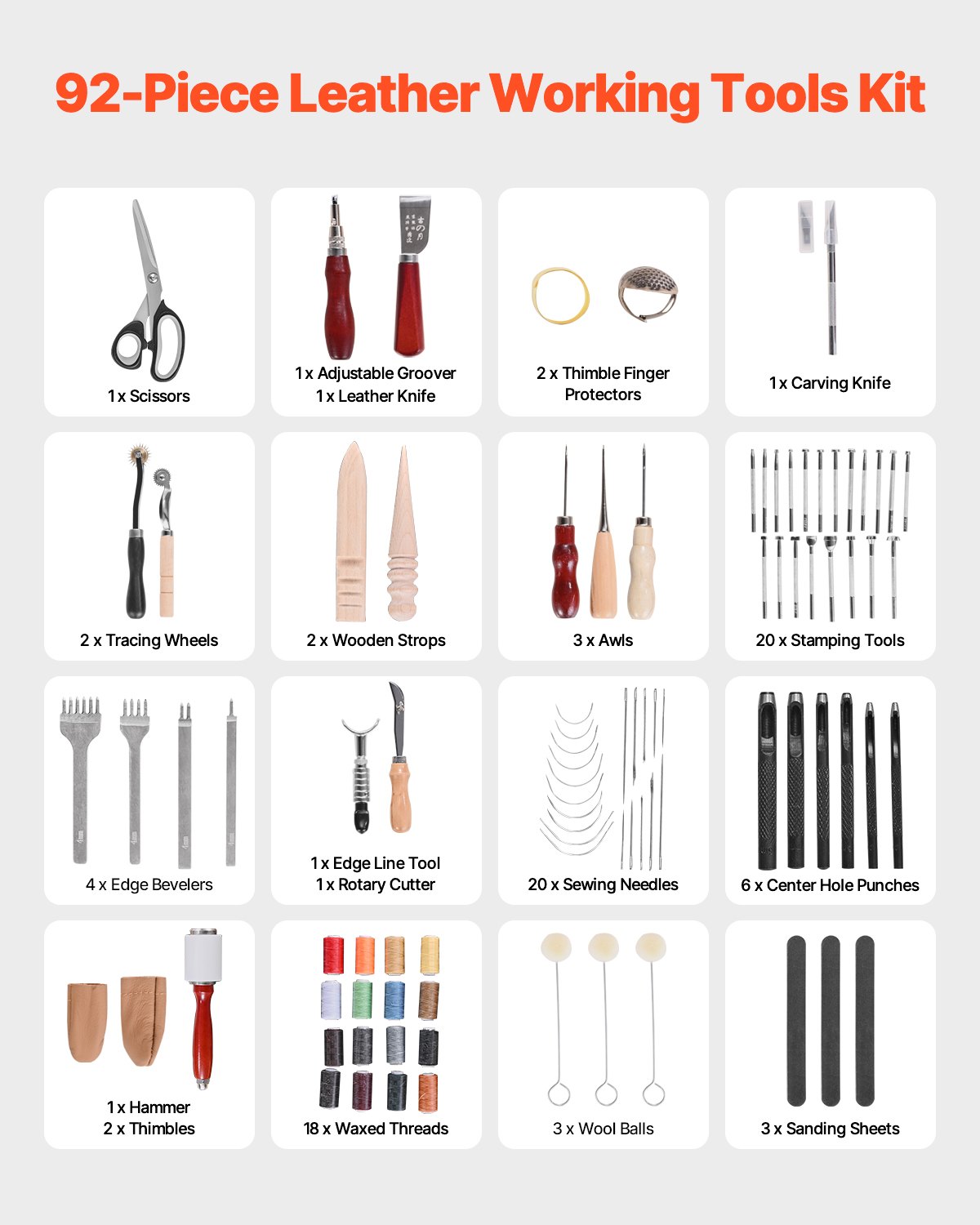 VEVOR 92-delige set leerbewerkingsgereedschap met draagbare opbergtas van canvas, grafisch gereedschap, stansgereedschap, naaigereedschap, snijgereedschap, ideaal voor beginners en professionals.