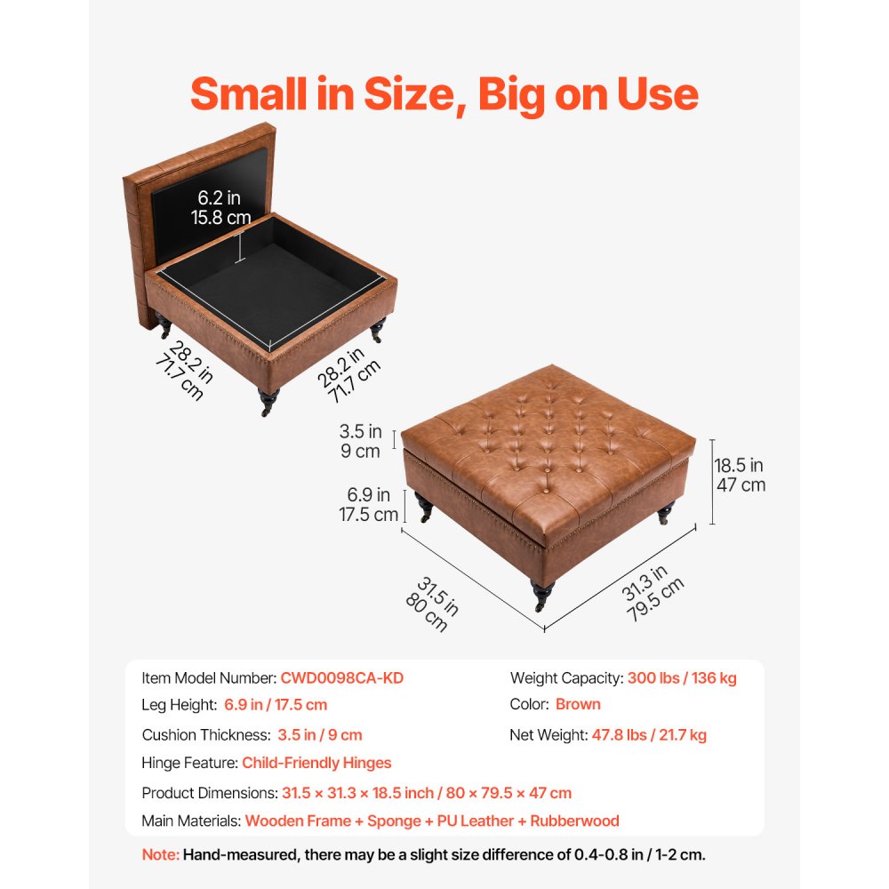 VEVOR 31 in Square Leather Ottoman with Storage, Upholstered Tufted Button Coffee Table Ottoman with Castered Rolling Wheels, PU Leather High-Density Sponge for Living Room, Dorm, Bedroom, Brown