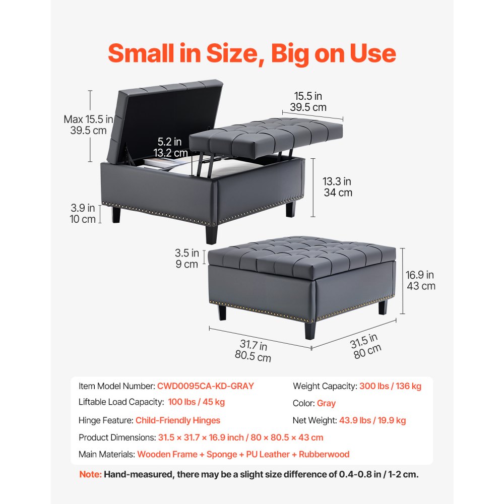 VEVOR 31 in Square Leather Ottoman with Storage, Upholstered Tufted Button Coffee Table Ottoman with Lift-Top & Flip Design, PU Leather High-Density Sponge for Living Room, Bedroom, Dorm, Grey
