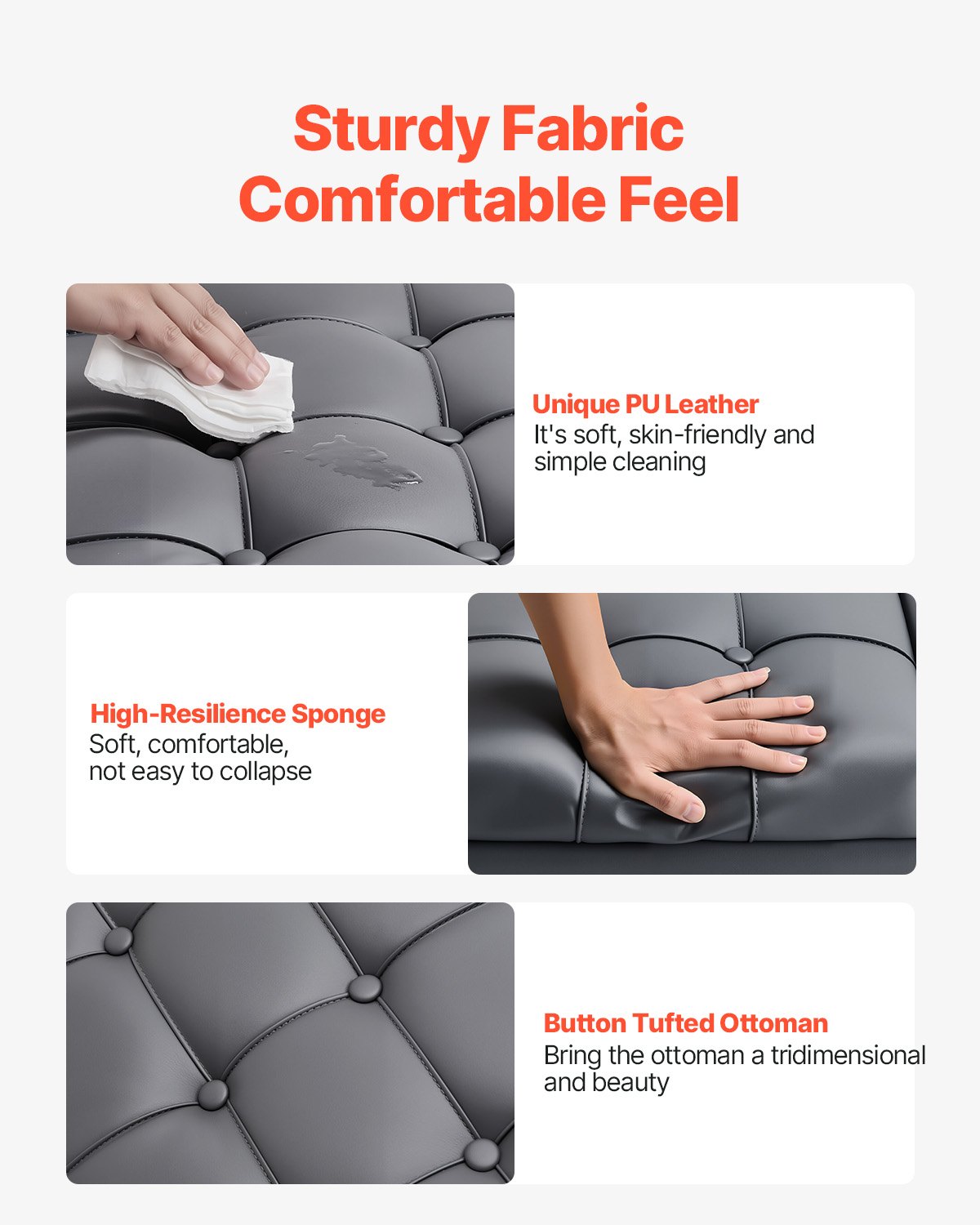 VEVOR 31 in Square Leather Ottoman with Storage, Upholstered Tufted Button Coffee Table Ottoman with Lift-Top & Flip Design, PU Leather High-Density Sponge for Living Room, Bedroom, Dorm, Grey