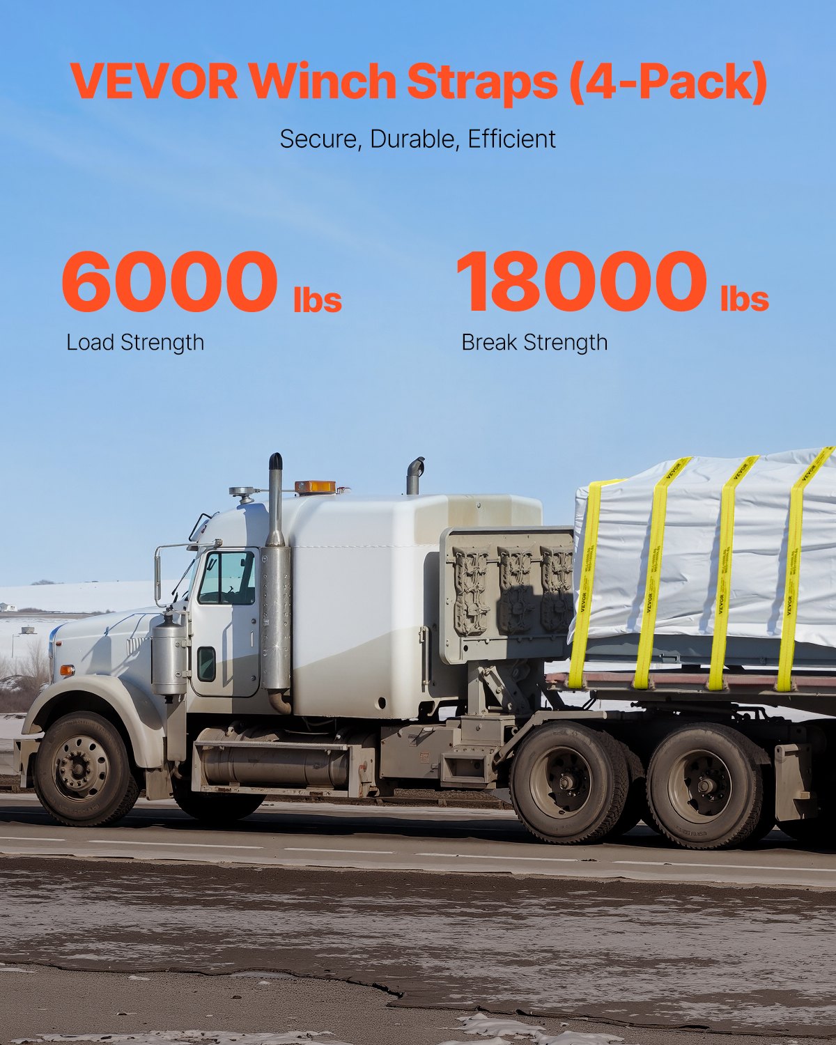 VEVOR Lierriemen 96 x 94 mm 2,7 T Laadvermogen 8,2 T Breeksterkte Vrachtwagenriemen met platte haak Vastzetriemen voor platte laadbakken Ladingcontrole voor aanhangwagens Boerderijen Reddingen Boombeschermer Geel (4-pack)