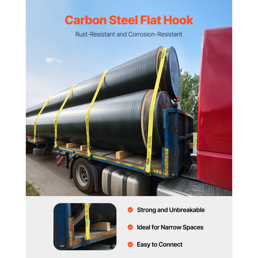 VEVOR Lierriemen, 10 cm x 9 meter, draagvermogen 2725 kg, breeksterkte 8280 kg, vrachtwagenriemen met platte haak, lastcontrole voor aanhangwagens, boerderijen, reddingsacties, bomenredder, geel (10-pack)