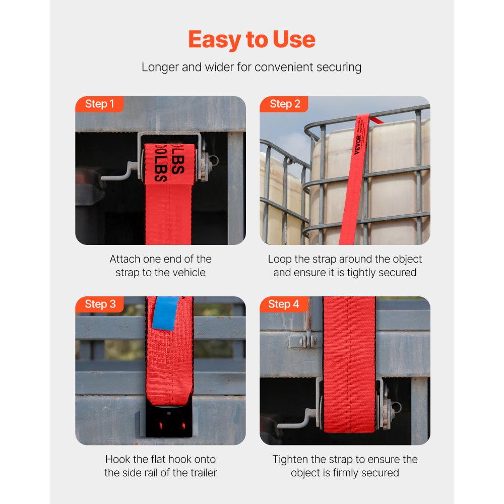 VEVOR Winch Straps, 4" x 30', 6000 lbs Load Capacity, 18000 lbs Breaking Strength, Truck Straps with Flat Hook, Flatbed Tie Downs Cargo Control for Trailers, Farms, Rescues, Tree Saver, Red (10 Pack)