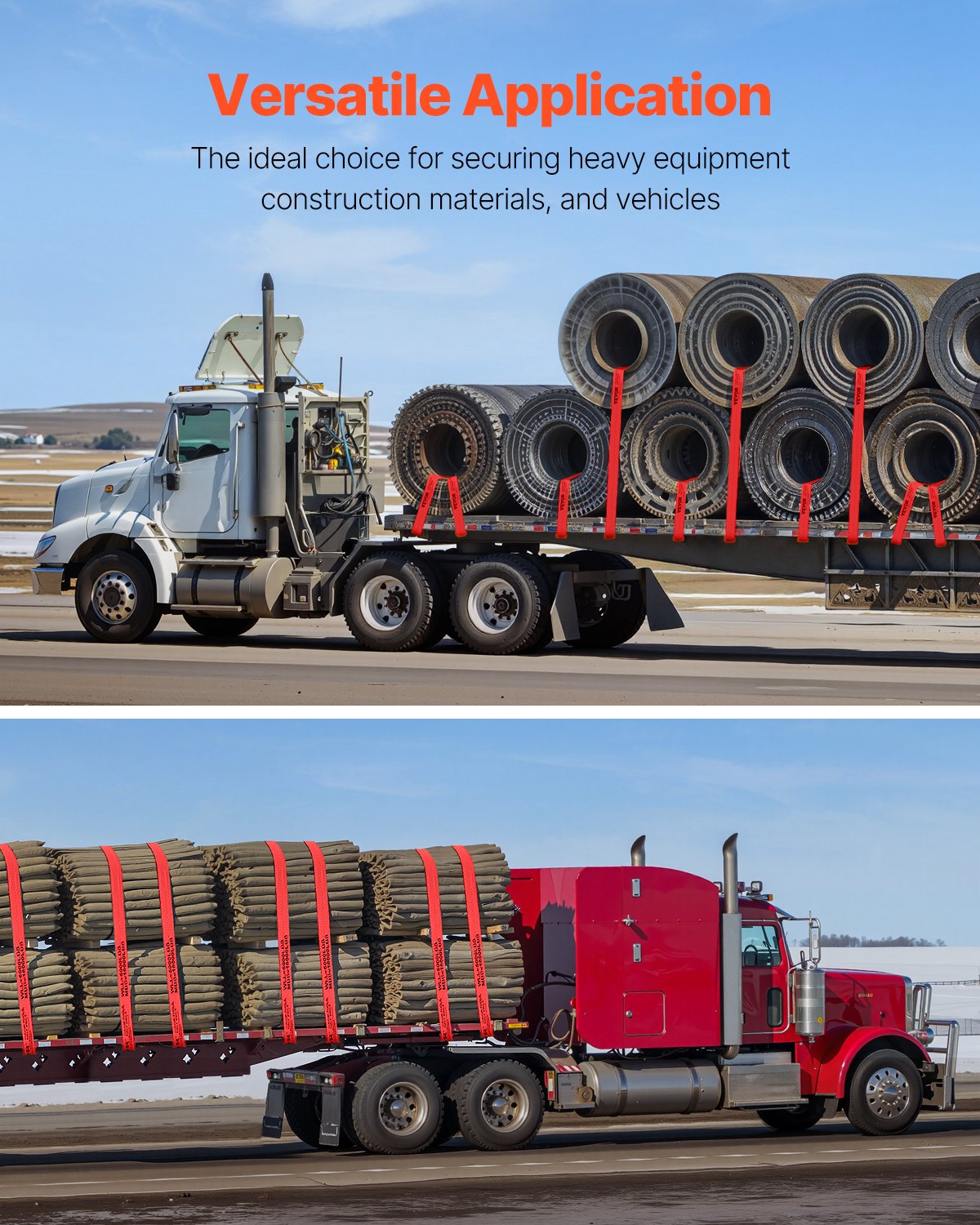 VEVOR Winch Straps, 4" x 30', 6000 lbs Load Capacity, 18000 lbs Breaking Strength, Truck Straps with Flat Hook, Flatbed Tie Downs Cargo Control for Trailers, Farms, Rescues, Tree Saver, Red (10 Pack)