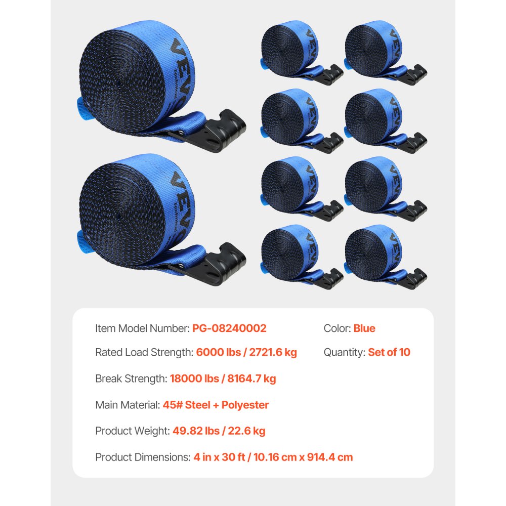 VEVOR Winch Straps, 4" x 30', 6000 lbs Load Capacity, 18000 lbs Breaking Strength, Truck Straps with Flat Hook, Flatbed Tie Downs Cargo Control for Trailers, Farms, Rescues, Tree Saver, Blue (10 Pack)