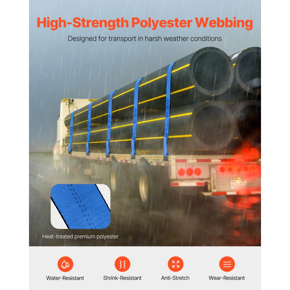 VEVOR Lierriemen, 10 cm x 9 meter, draagvermogen 2725 kg, breeksterkte 8280 kg, vrachtwagenriemen met platte haak, voor aanhangwagens, boerderijen, reddingsacties en boombeschermers, blauw (10-pack)