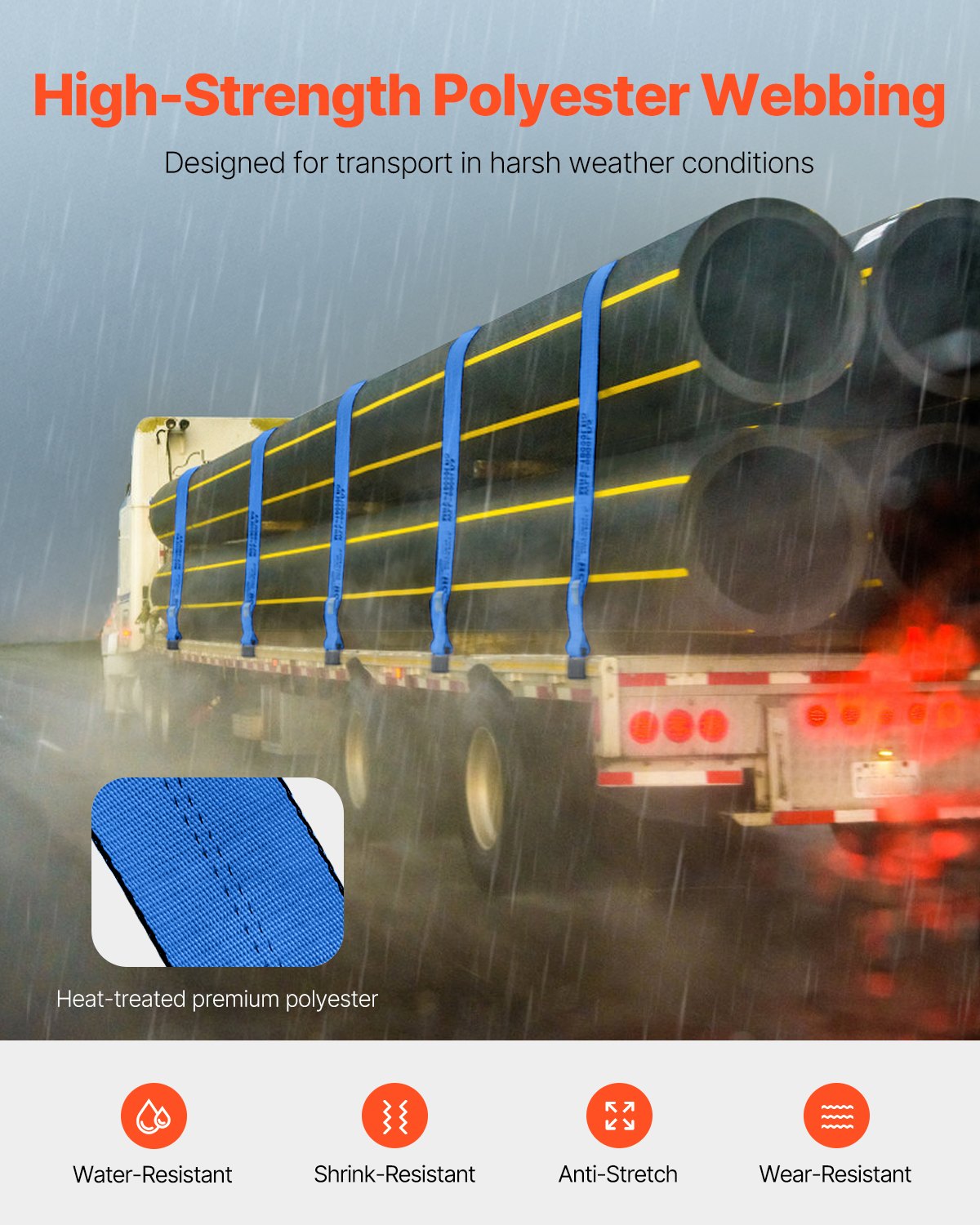 VEVOR Winch Straps, 4" x 30', 6000 lbs Load Capacity, 18000 lbs Breaking Strength, Truck Straps with Flat Hook, Flatbed Tie Downs Cargo Control for Trailers, Farms, Rescues, Tree Saver, Blue (10 Pack)