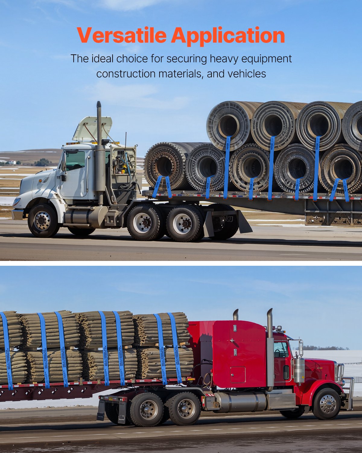 VEVOR Winch Straps, 4" x 30', 6000 lbs Load Capacity, 18000 lbs Breaking Strength, Truck Straps with Flat Hook, Flatbed Tie Downs Cargo Control for Trailers, Farms, Rescues, Tree Saver, Blue (10 Pack)