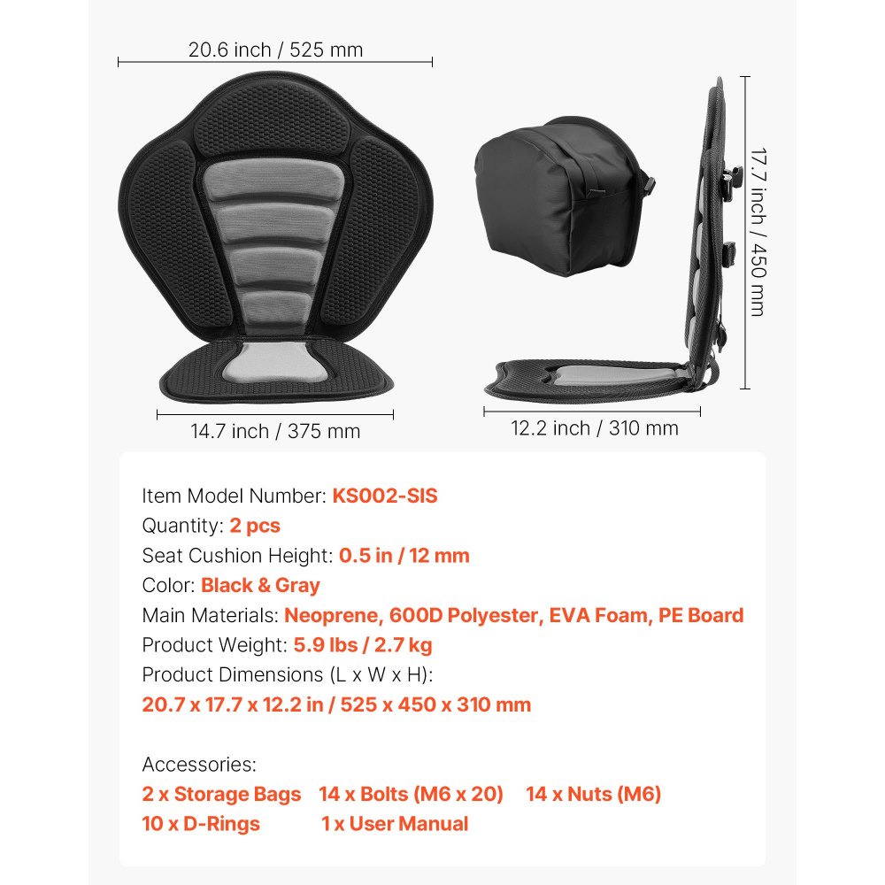 VEVOR 2 x Kajakzitje 12 mm dik, gewatteerd zitje voor stand-up paddleboard, bootzitje met rugleuning, opbergtas en verstelbare riemen voor SUP, kano, visboot, opblaasbare kajak