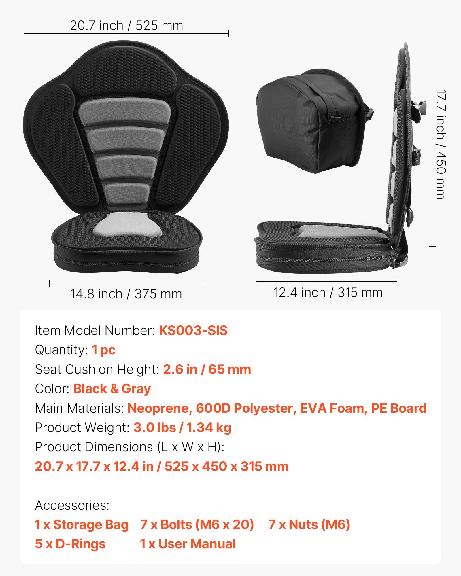 VEVOR 1 x Kajakstoel 65 mm dik, gewatteerde stoel voor stand-up paddleboard, bootstoel met rugleuning, opbergtas en verstelbare riemen voor SUP, kano, visboot, opblaasbare kajak
